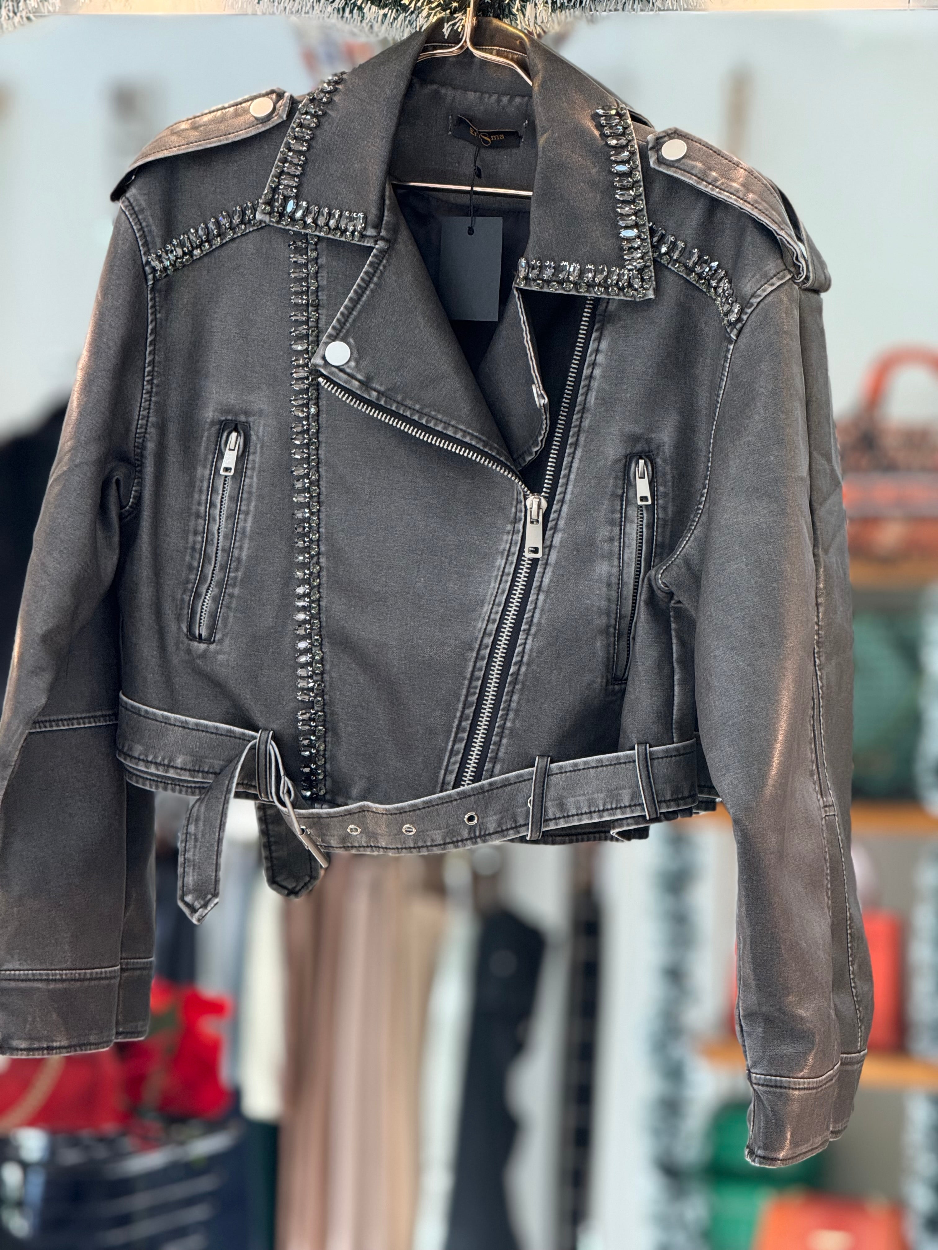 Leather rhinestones grey jacket
