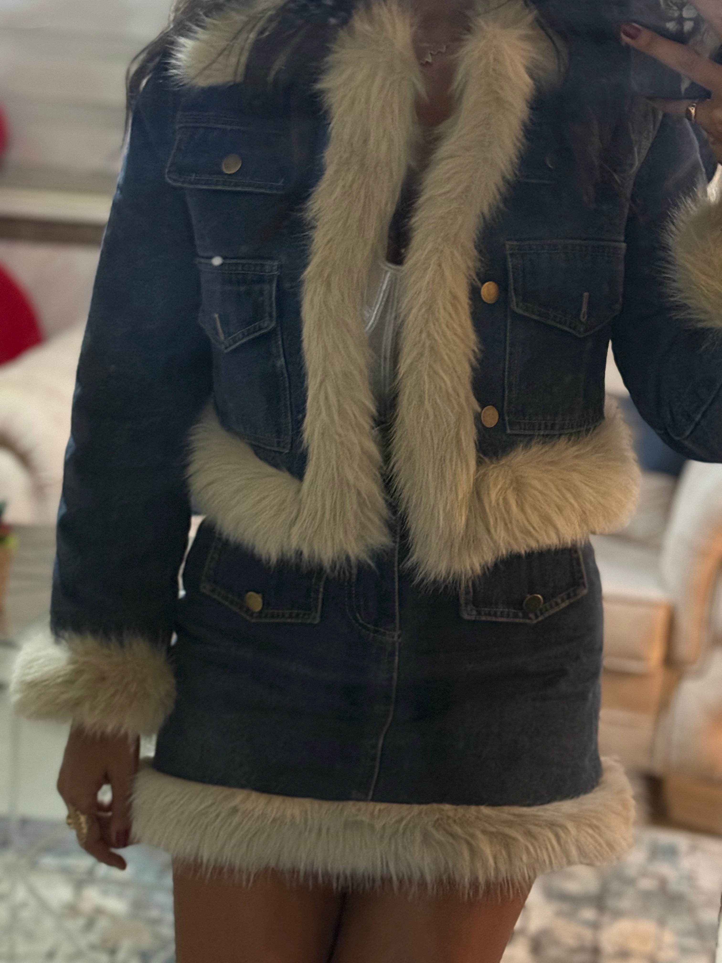 Denim padded set with fur