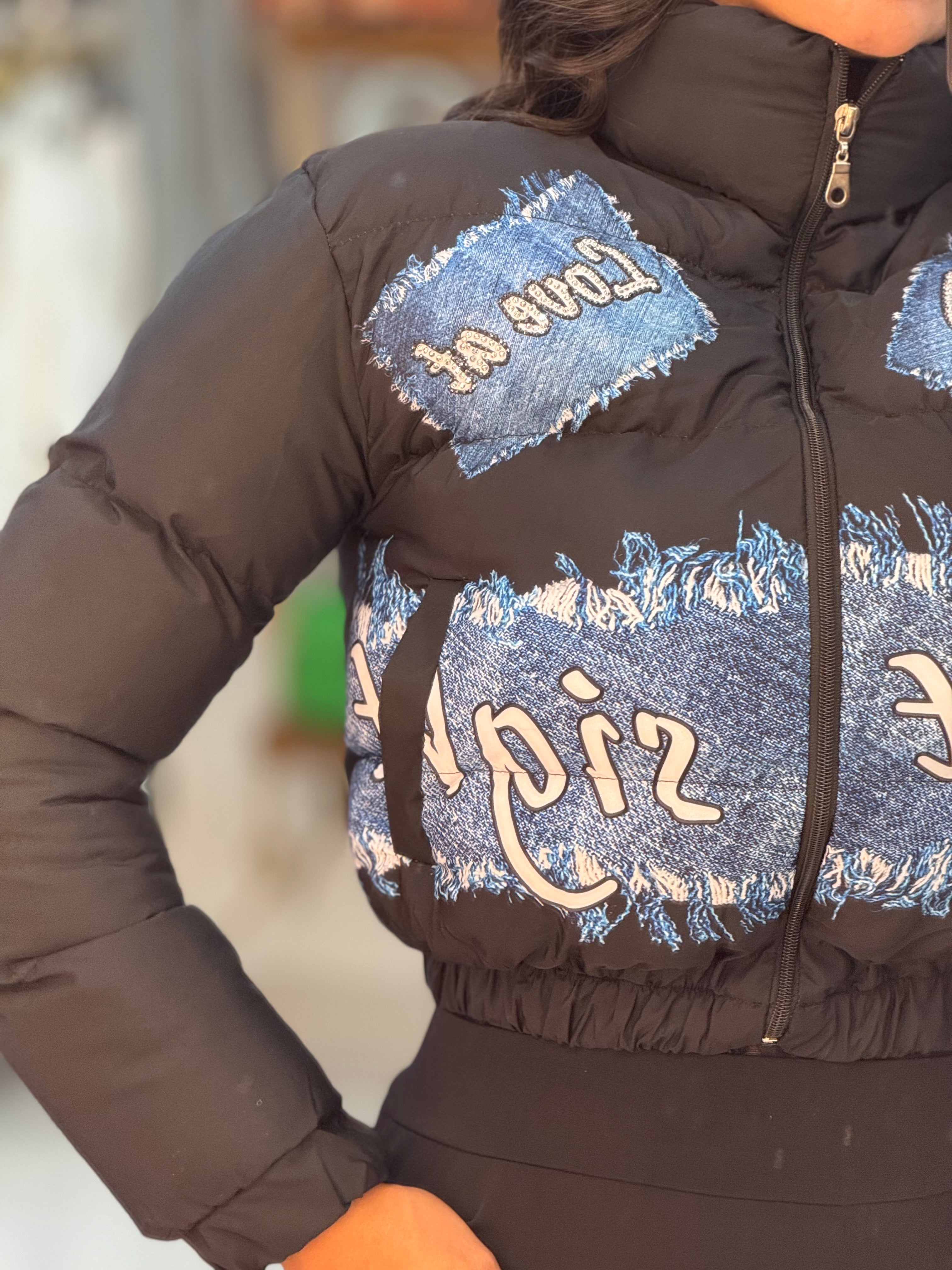 Puff crop jacket with denim