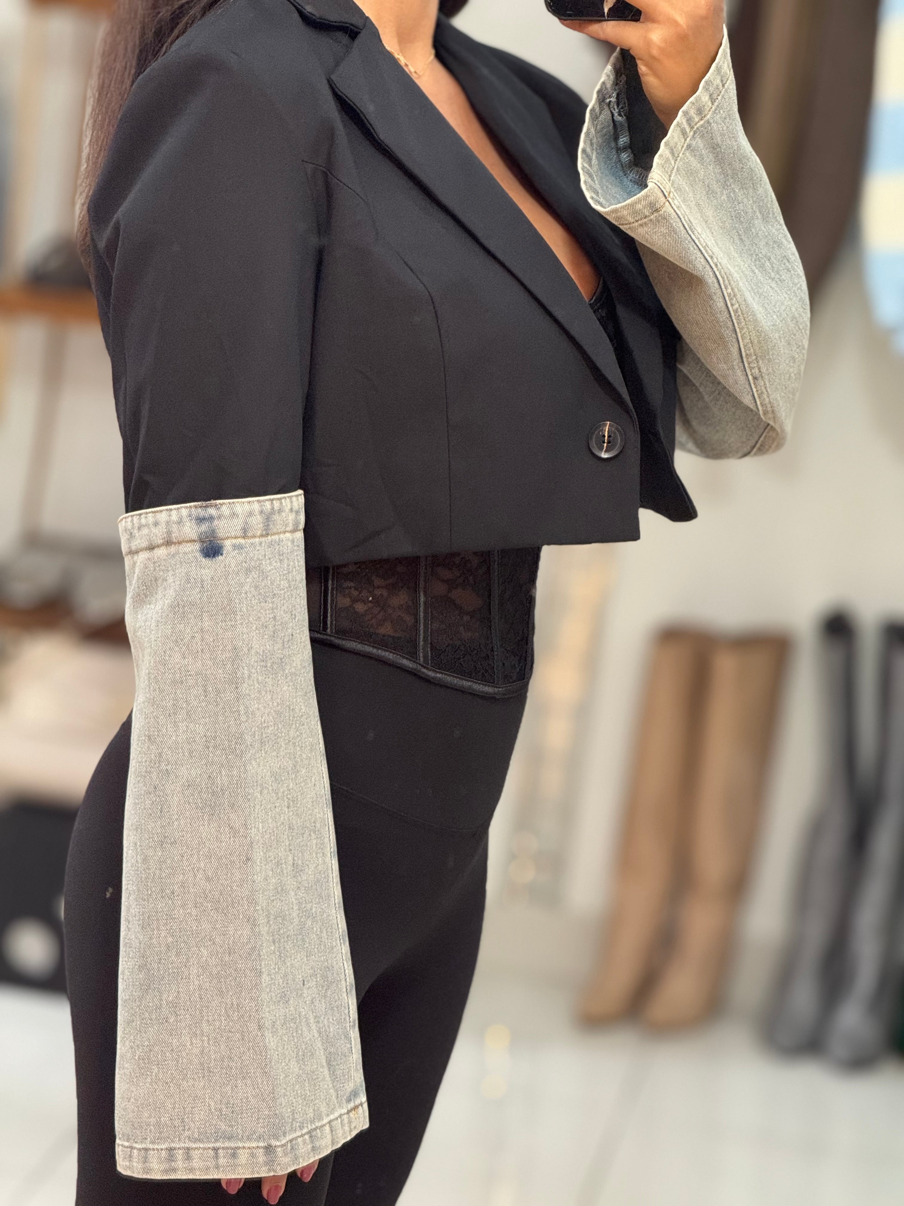 Crop jacket with denim sleeves