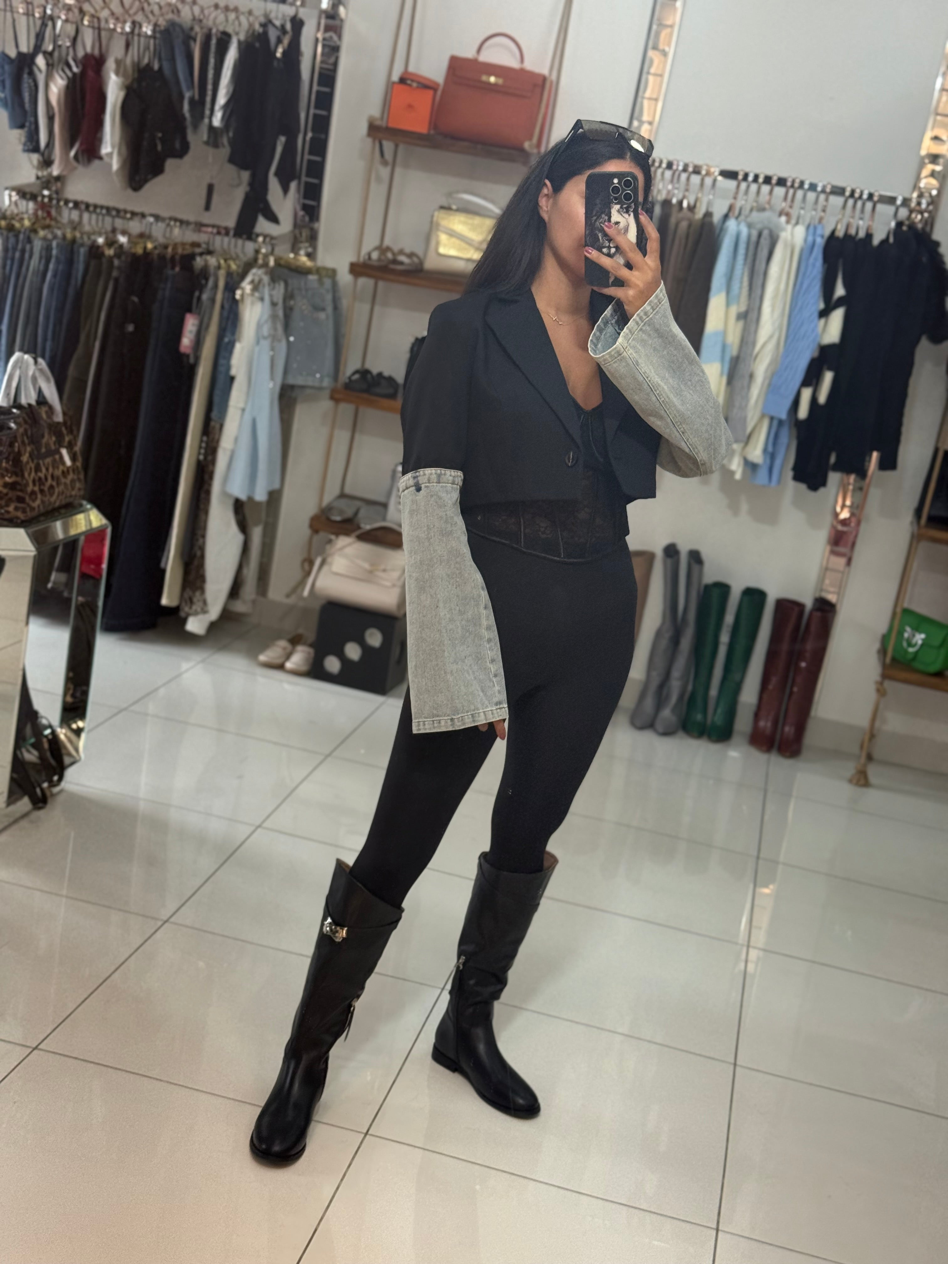 Crop jacket with denim sleeves