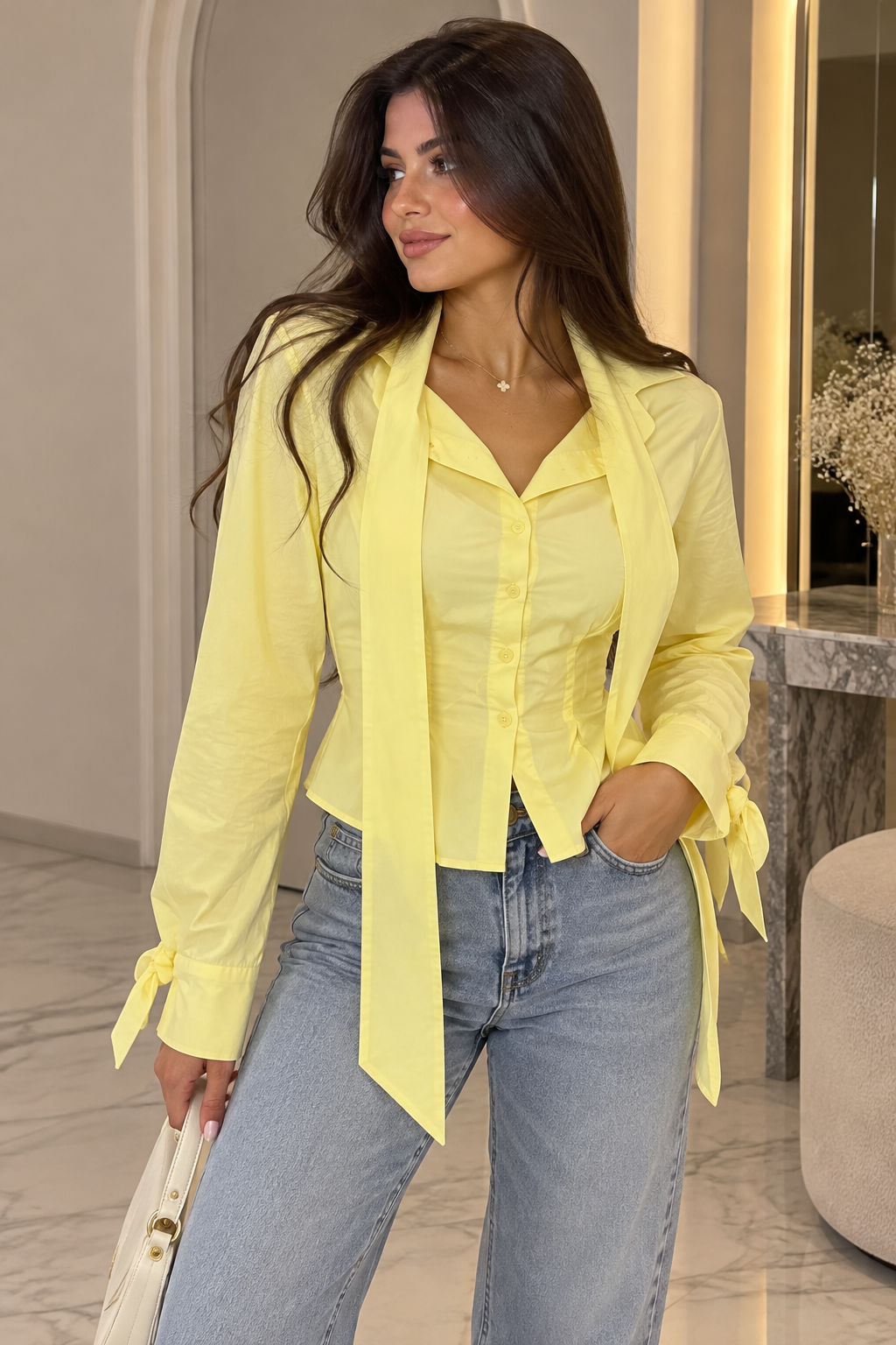 Elegant Yellow Tie-Neck Blouse