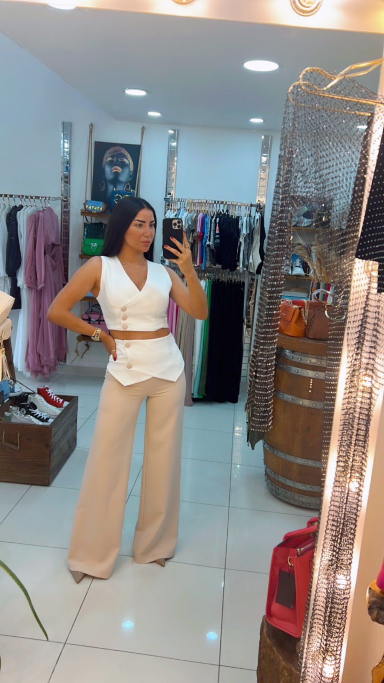 Chic White Two-Piece Set with Asymmetrical Button Detailing