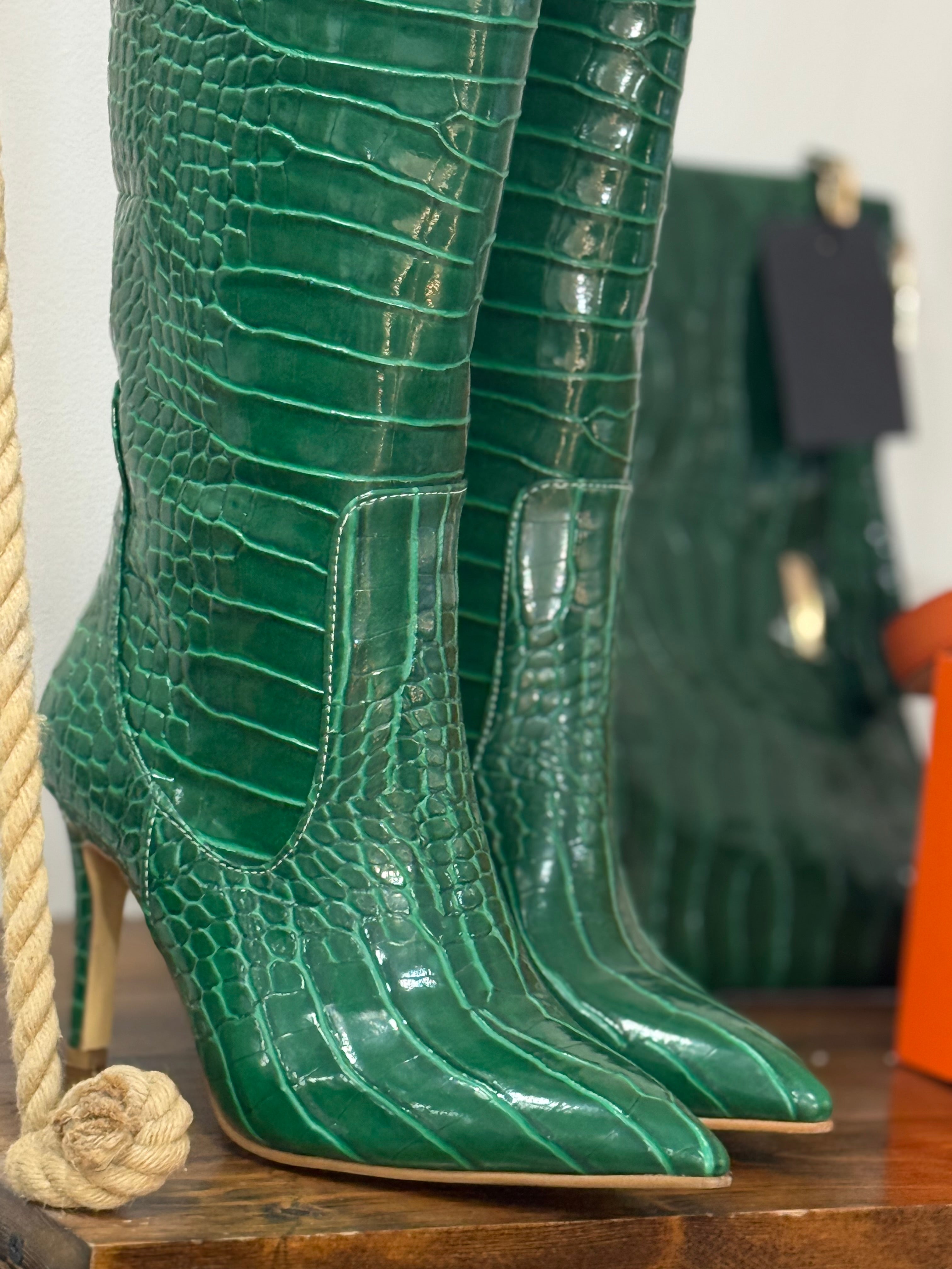 Leather croco high heels boots