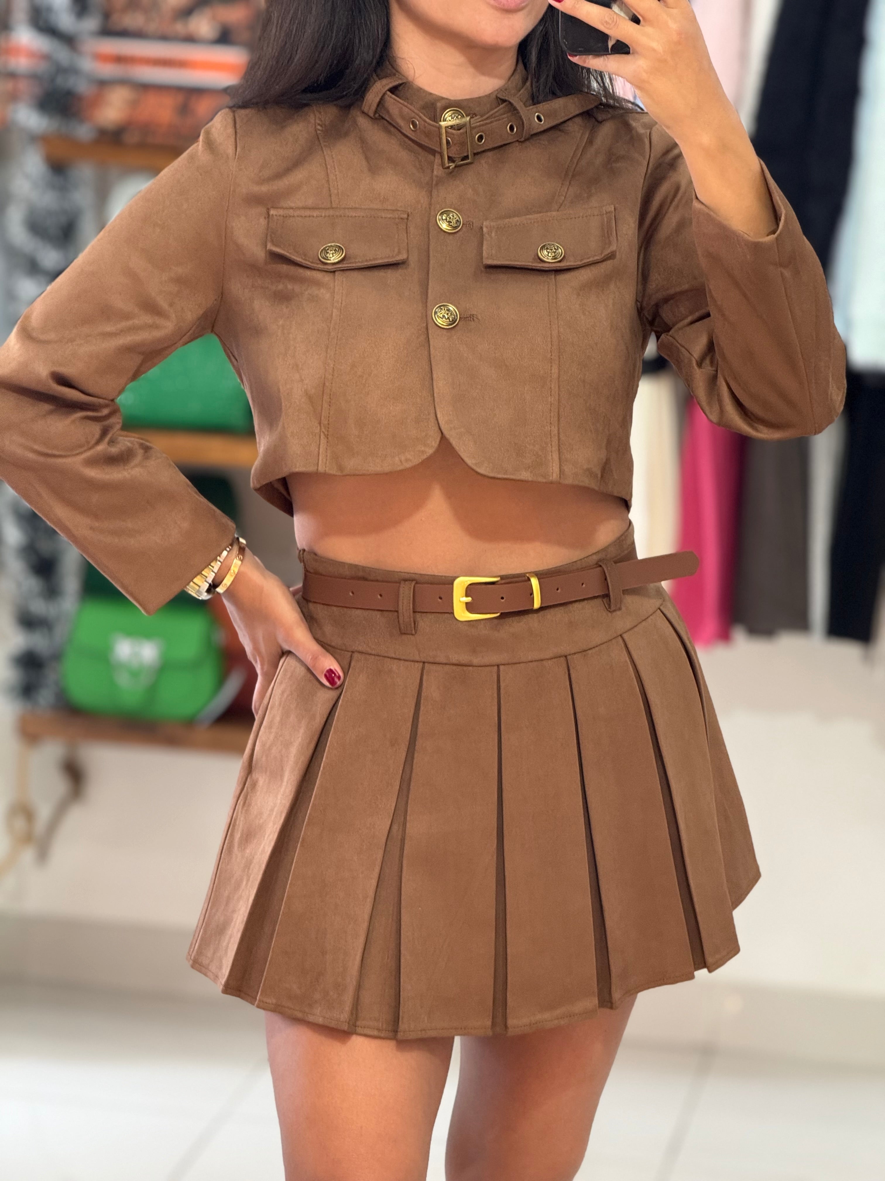 Brown Suede Crop Jacket & Pleated Skort Set