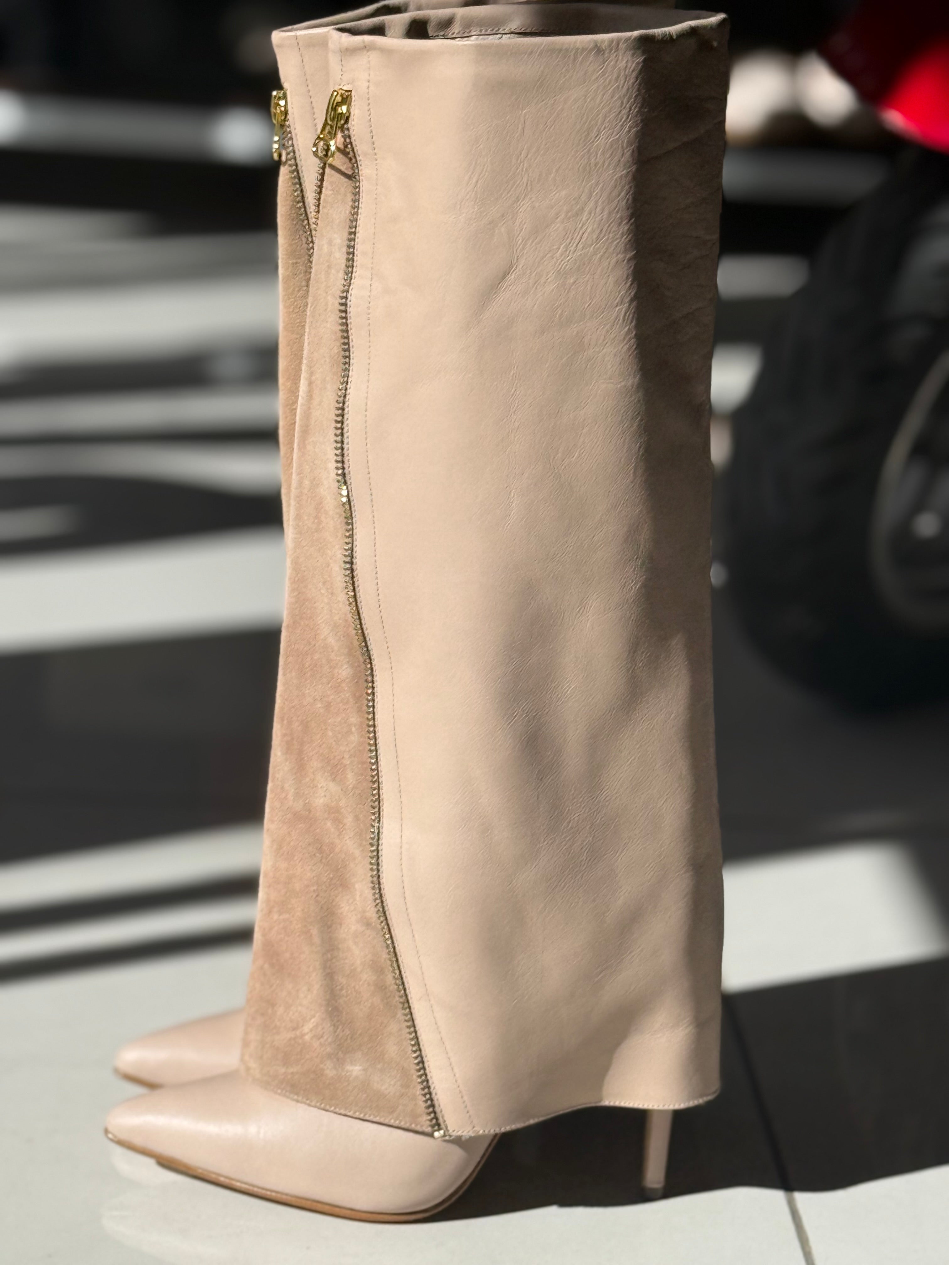 Real Leather Beige High-Heel Zipper Boots