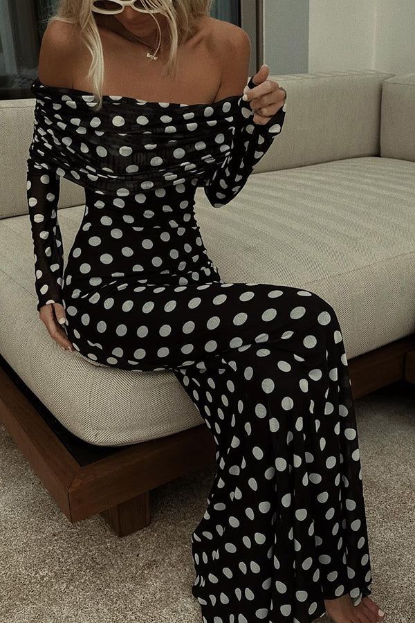 Pointed Black & White Off-Shoulder Long Dress