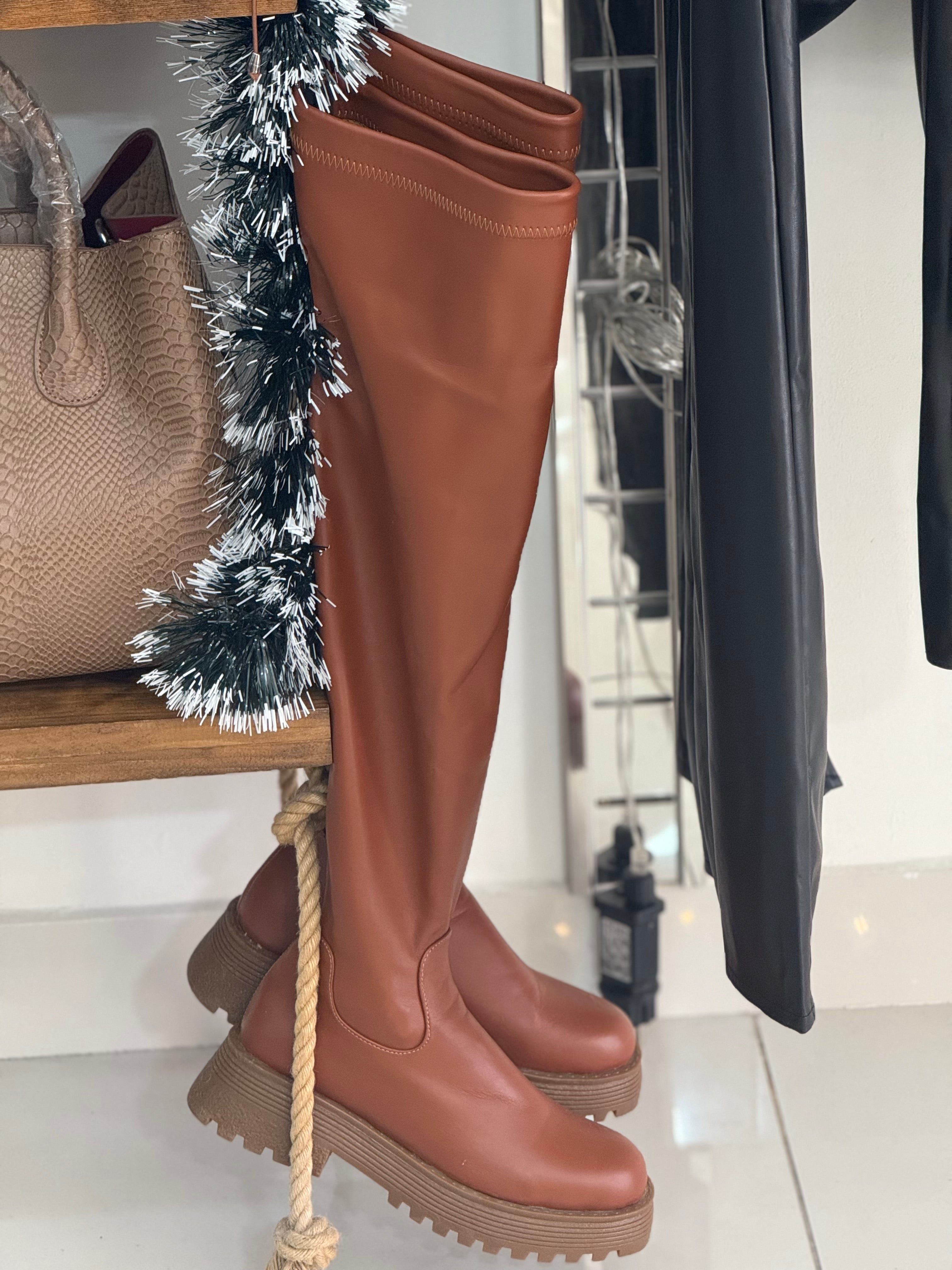 Camel leather long boots