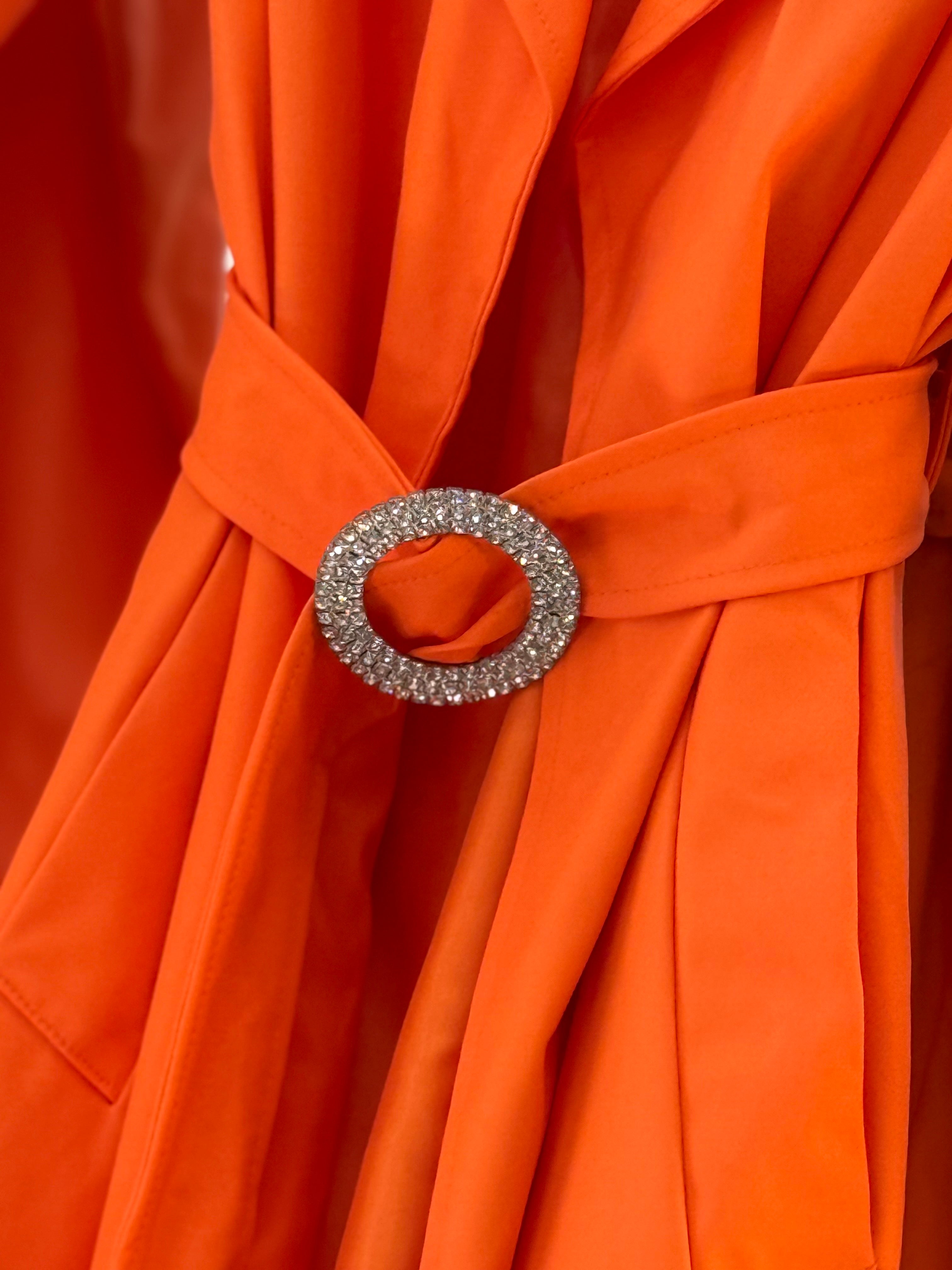 Leather long coat with stones belt