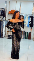 Rhinestone Black Velvet Maxi Dress – Multicolour Sparkle Glam