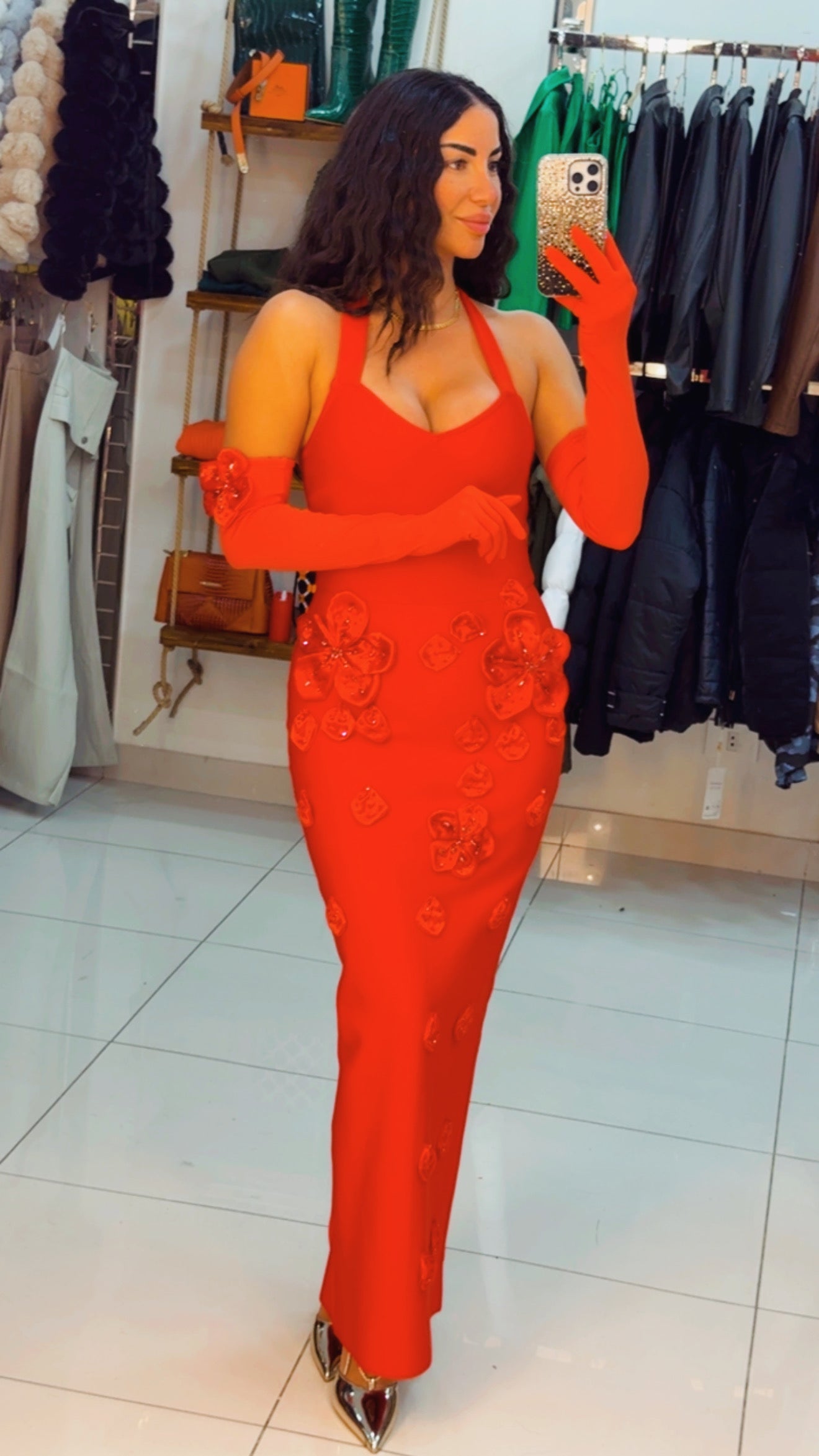 Bandage red flower dress with gloves