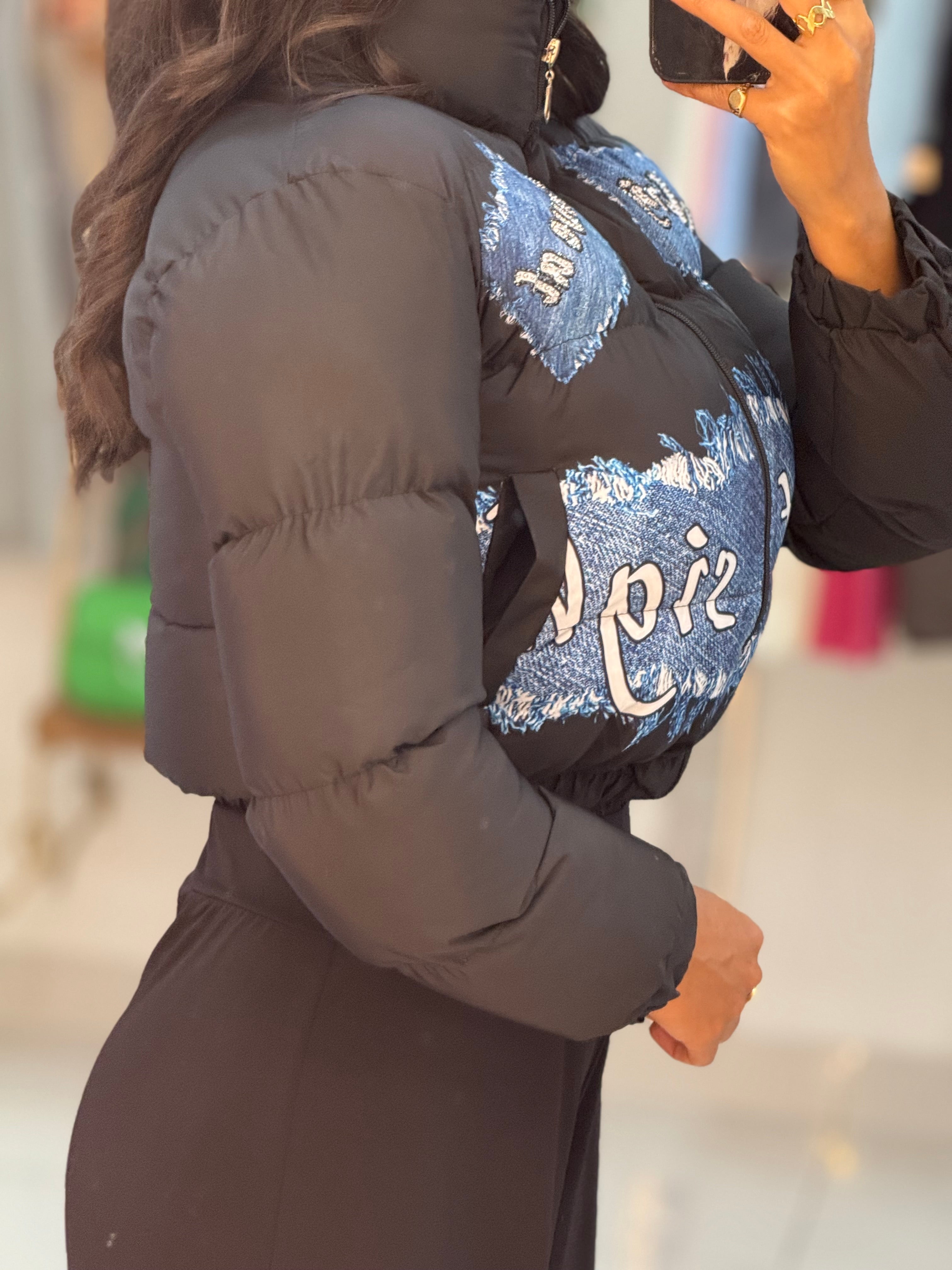 Puff crop jacket with denim