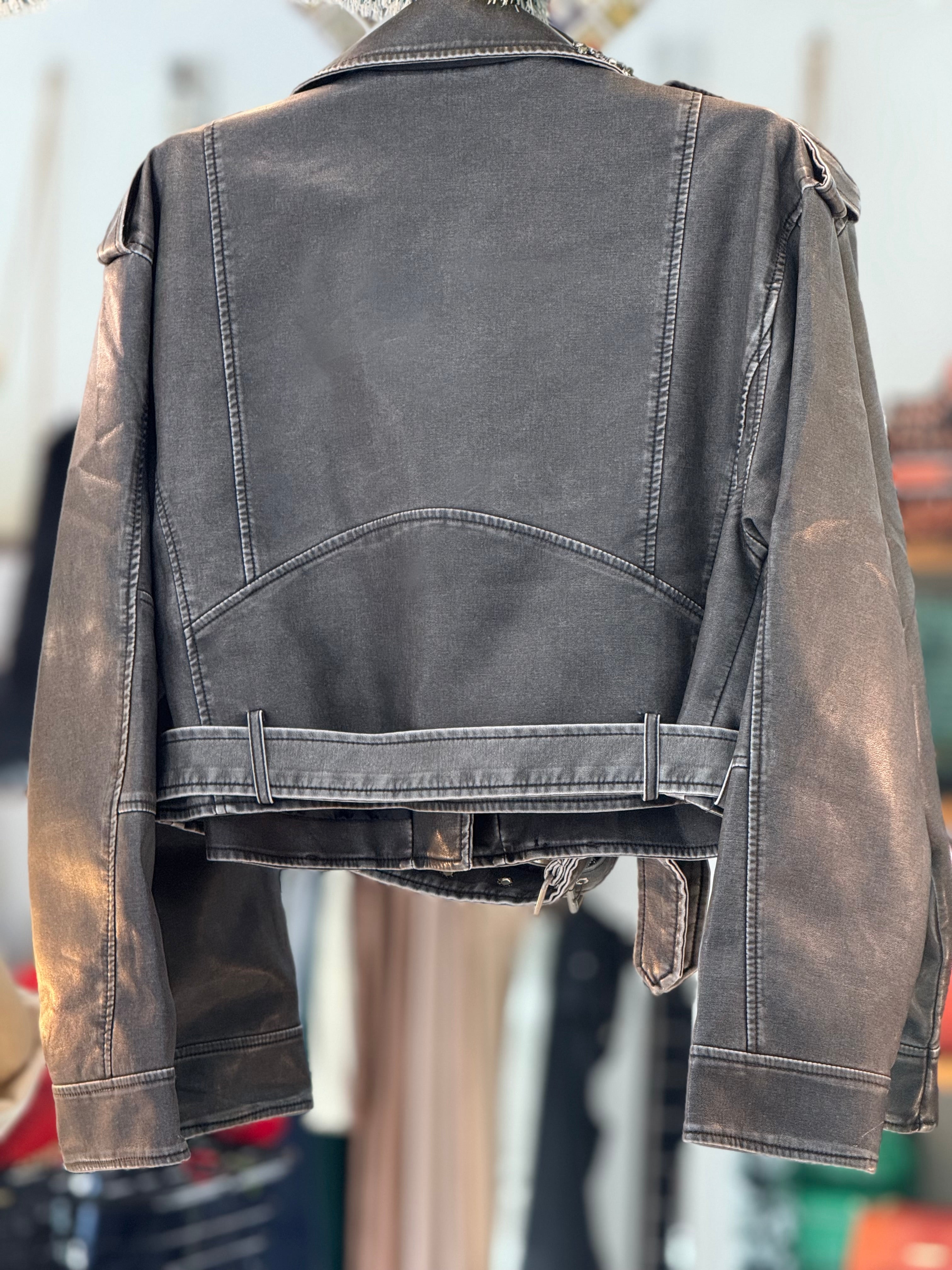 Leather rhinestones grey jacket