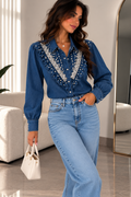 Pearl Elegance Ruffle Denim Shirt