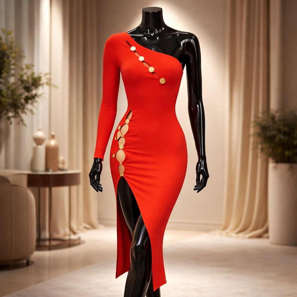 One sleeve red bandage dress