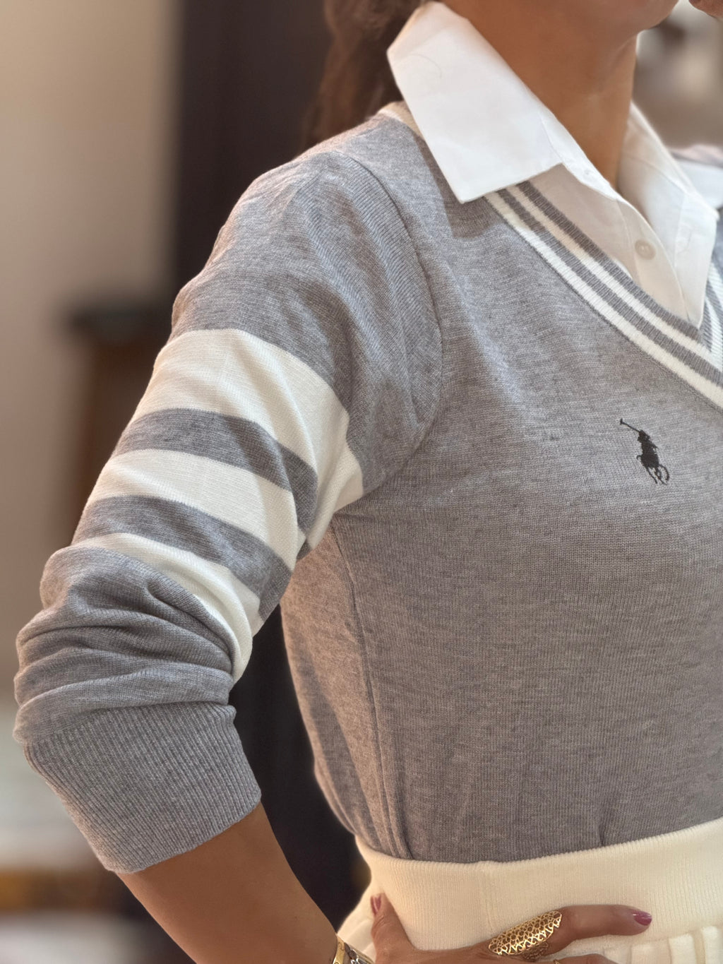 Preppy Knit Sweater with Striped Sleeves