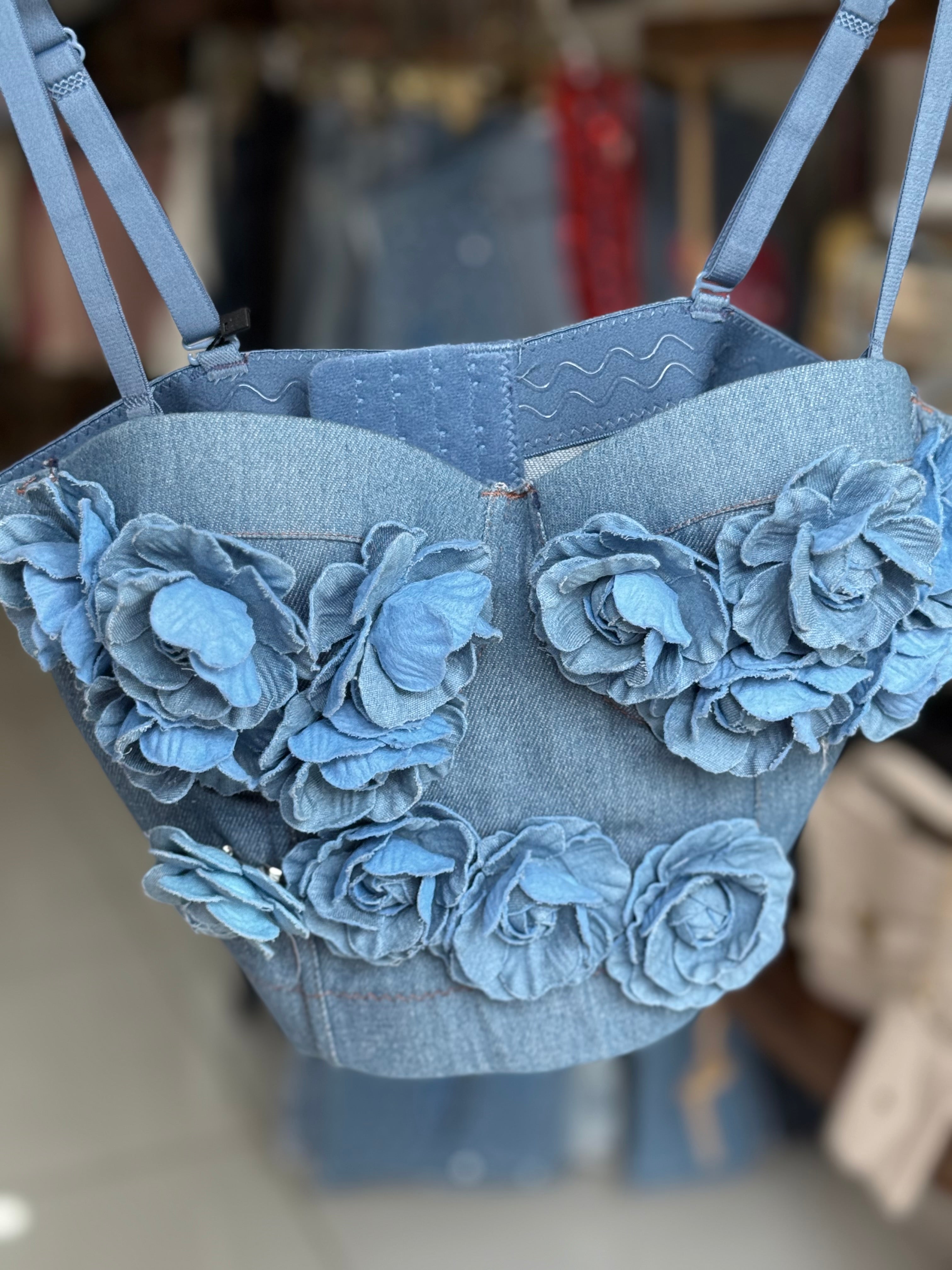 Floral denim padded corset crop top