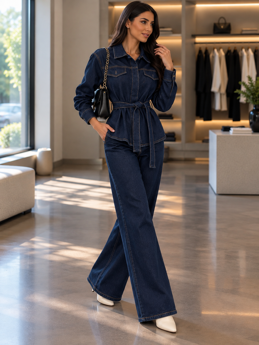 Chic Denim Belted Two-Piece Set