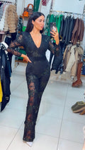 Black Rhinestone Lace Evening Jumpsuit