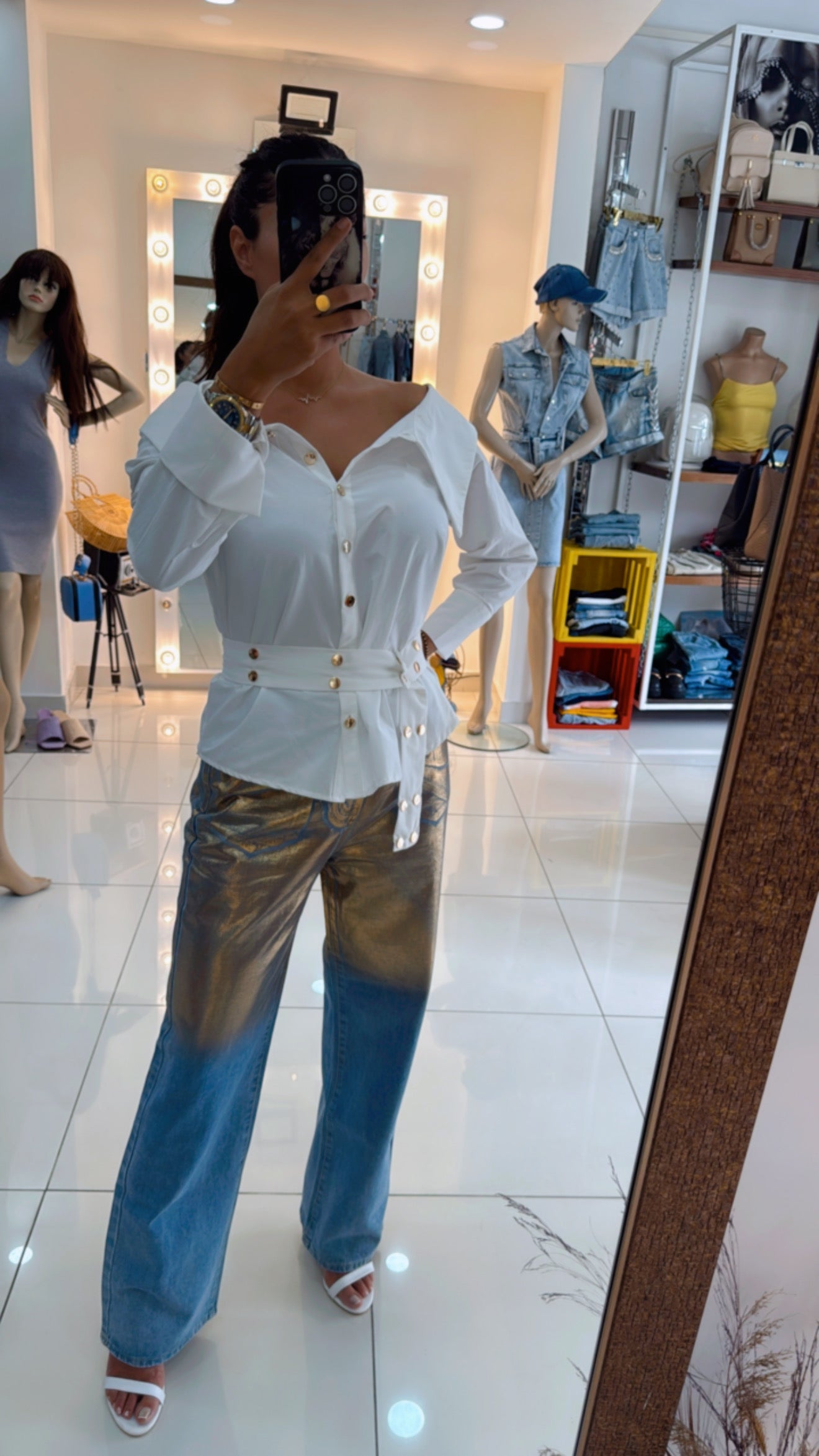 Off shoulder white shirt with belt