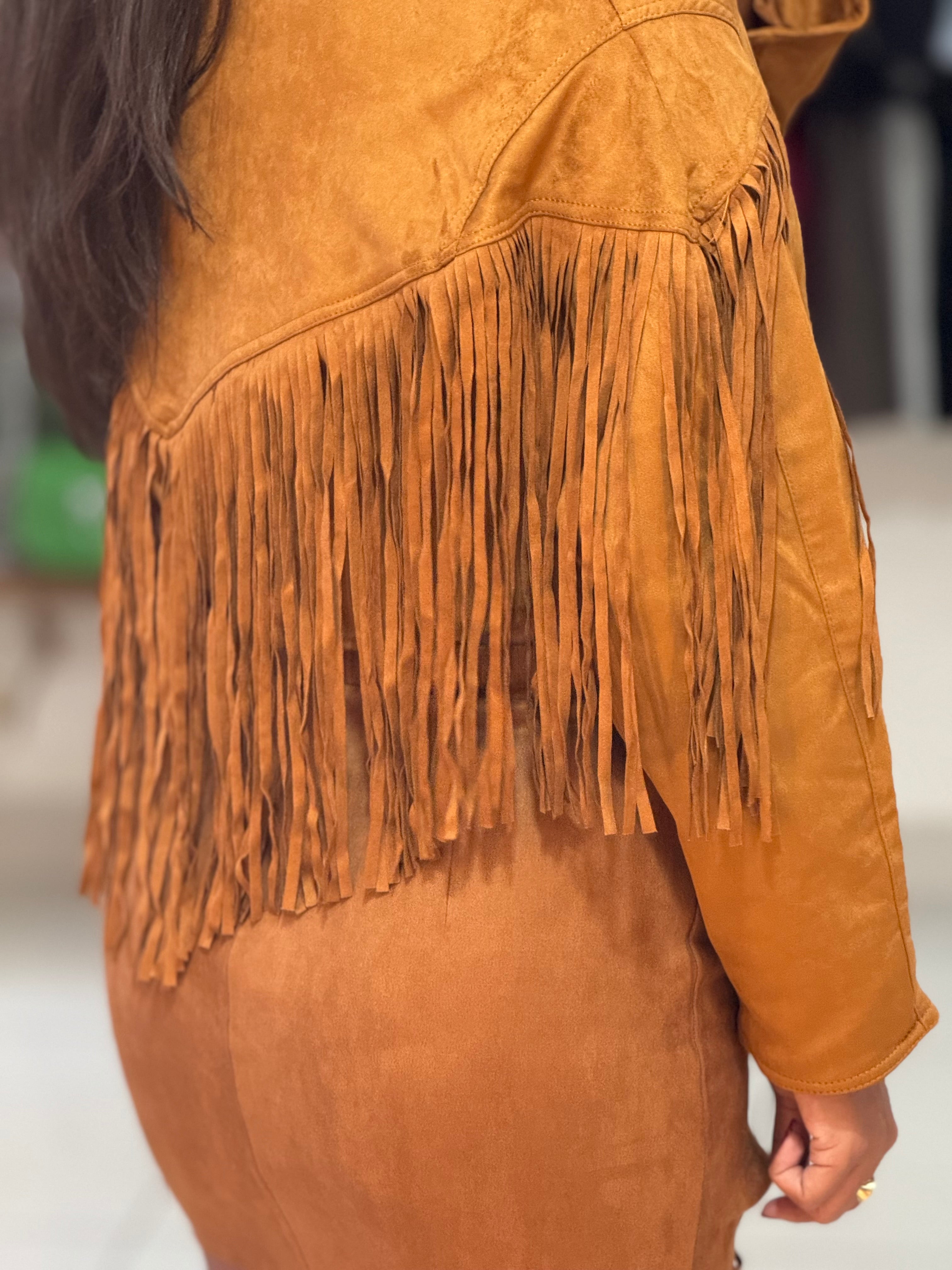 Fringe-Trim Light Brown Wool Jacket
