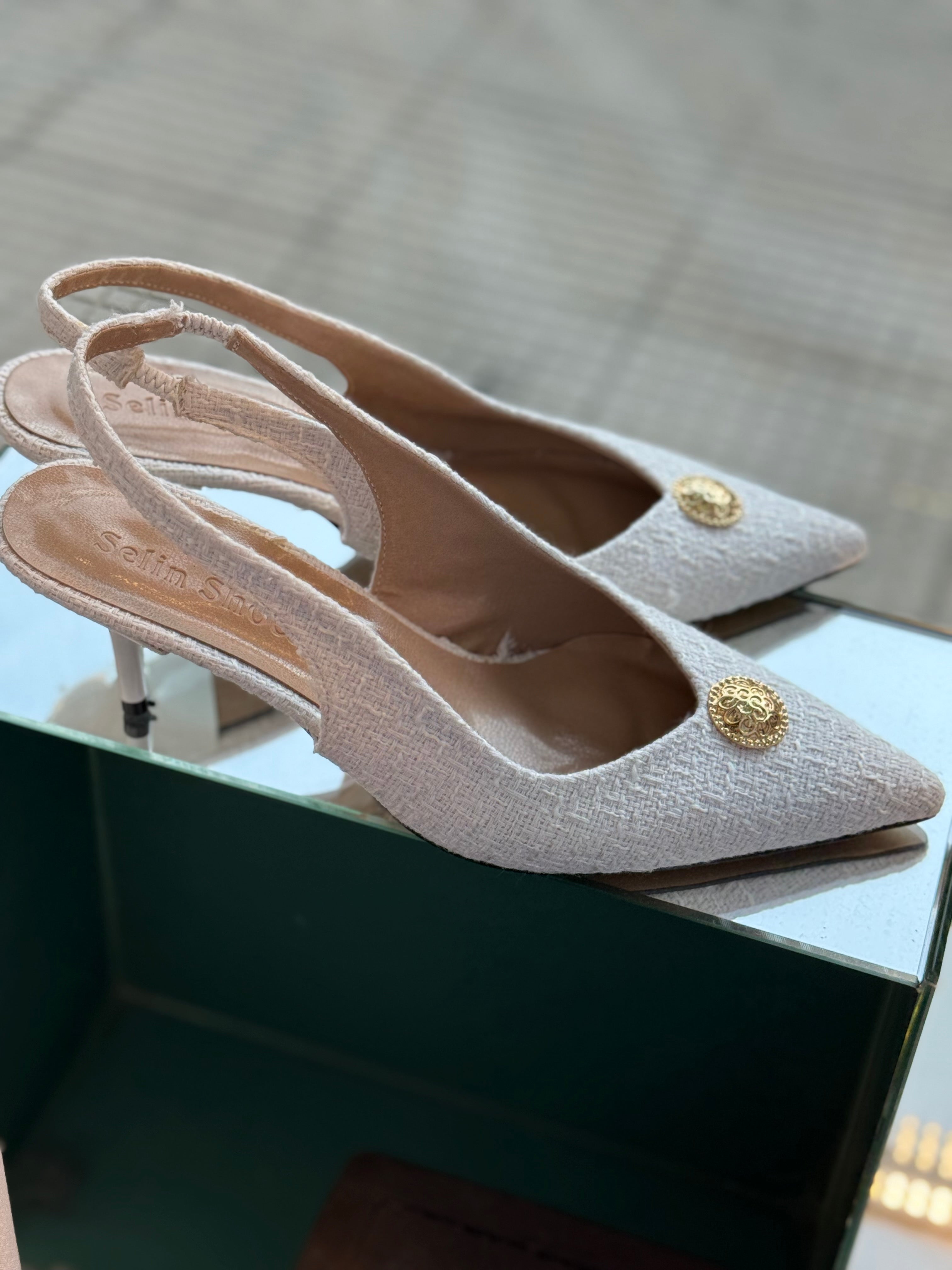 Elegant Tweed Slingback Heels with Gold Button Detail