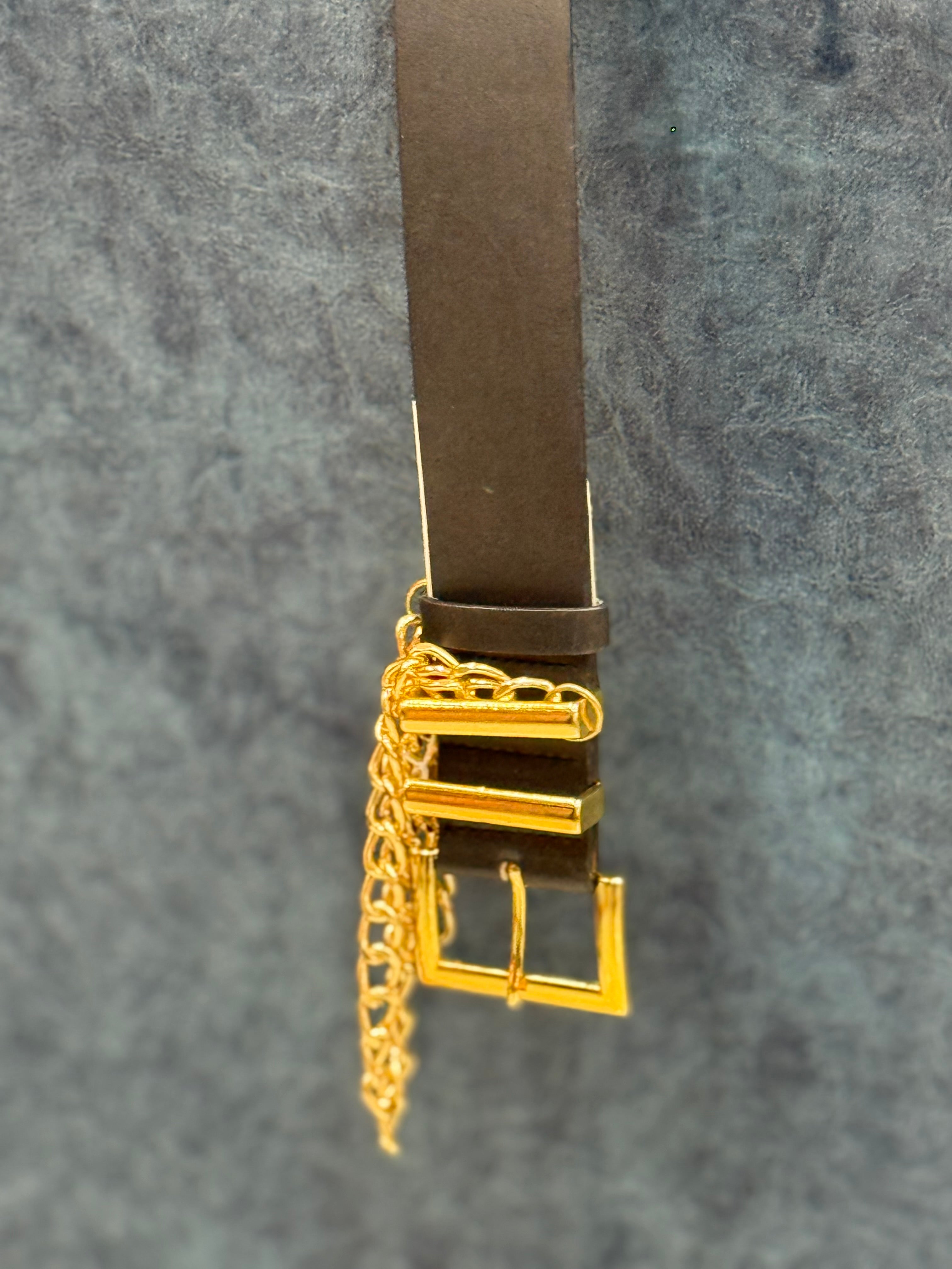 Black Leather Belt with Gold Chain