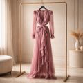 Elegant Evening Gown with Pleated Bodice and Ruffle Details