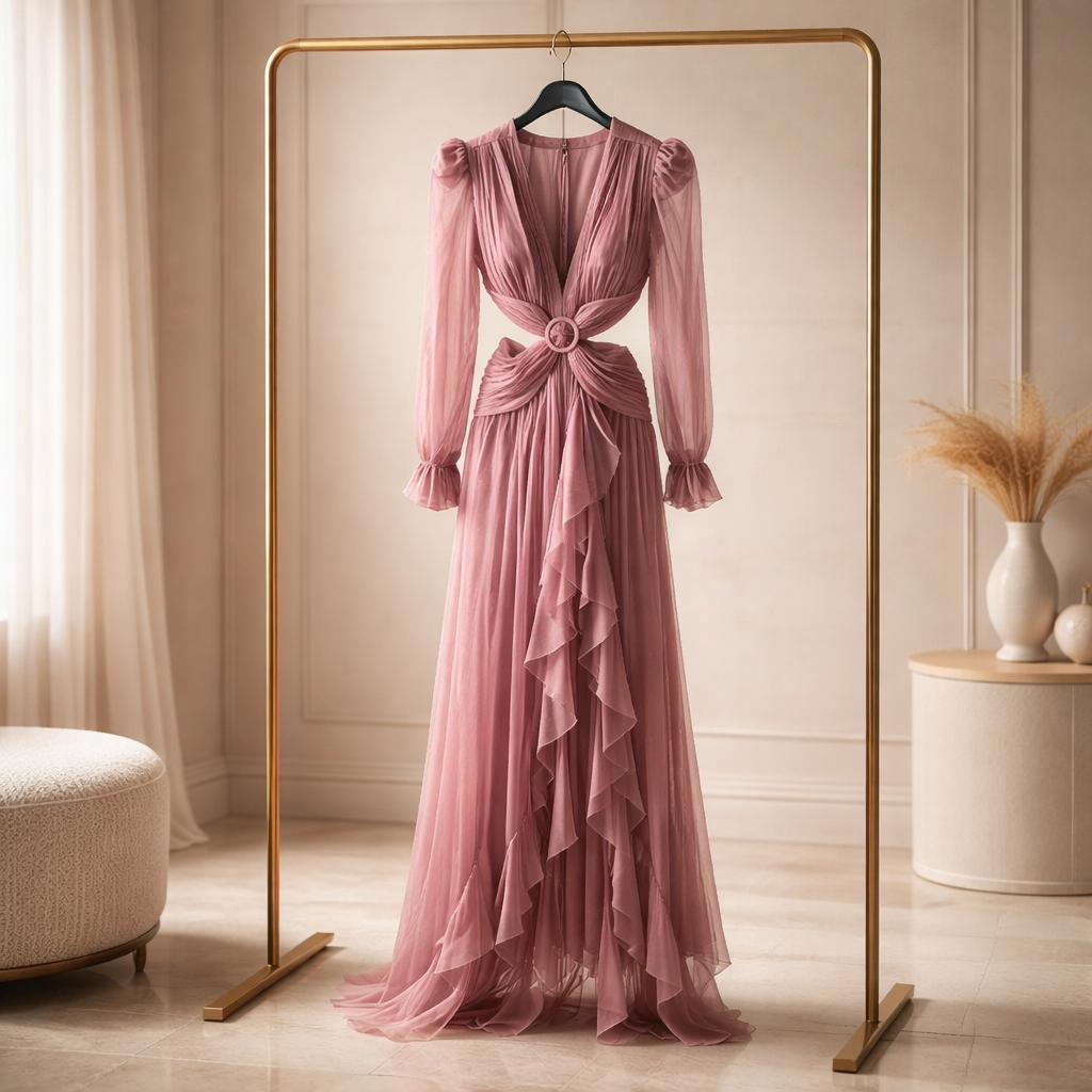 Elegant Evening Gown with Pleated Bodice and Ruffle Details