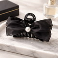 Satin Black Ribbon With Pearl Hair Clips