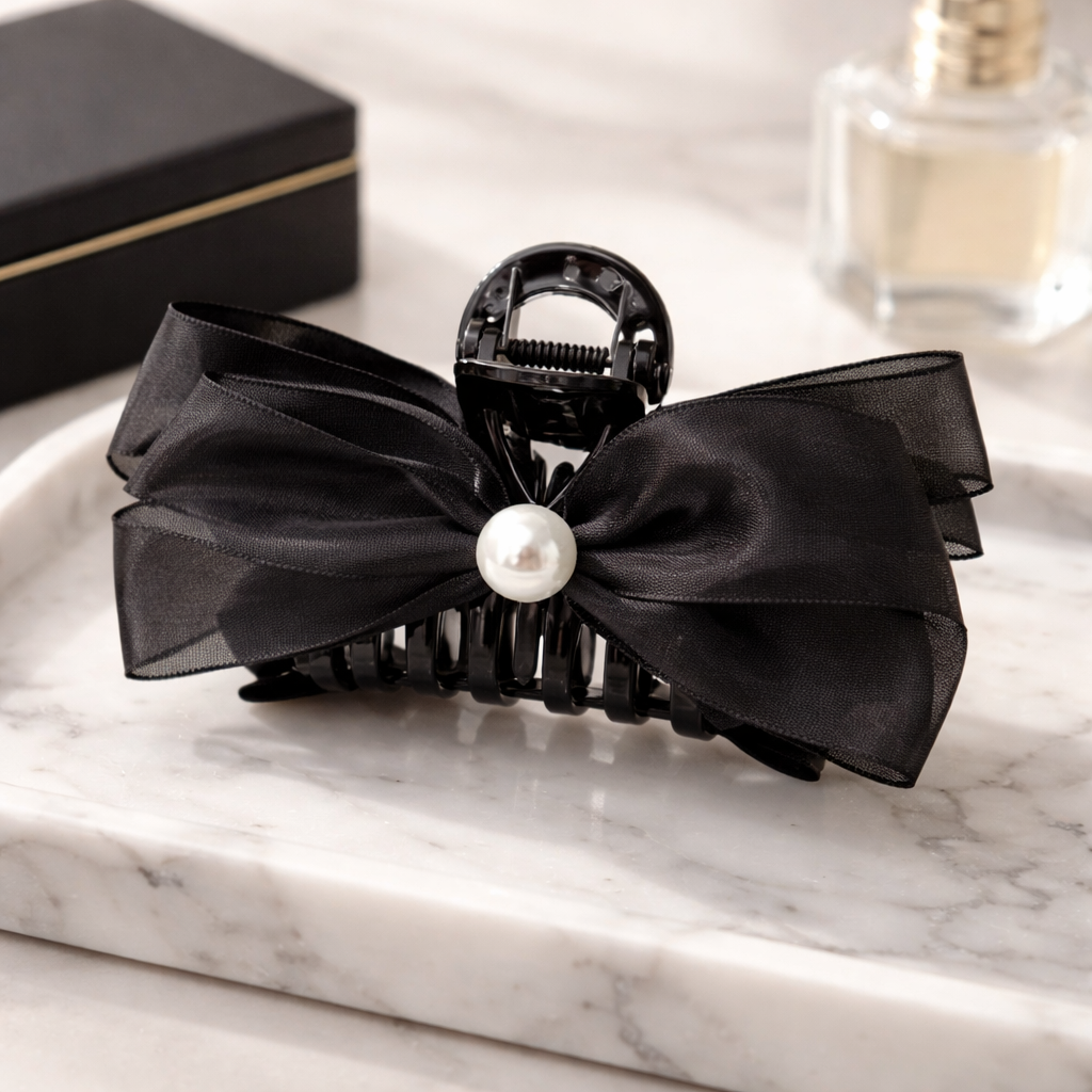 Satin Black Ribbon With Pearl Hair Clips