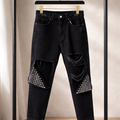 Black Stone Studded Knee-Cut Denim