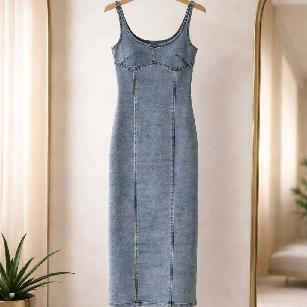 Fitted Scoop-Neck Stretch Denim Dress