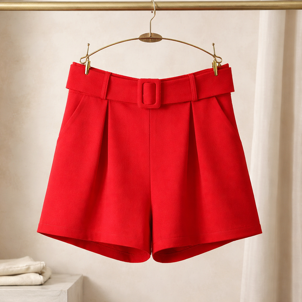 Belted in Bold – Red Silky Cotton Shorts