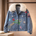 Embroidered Denim Jacket with Faux Fur Collar