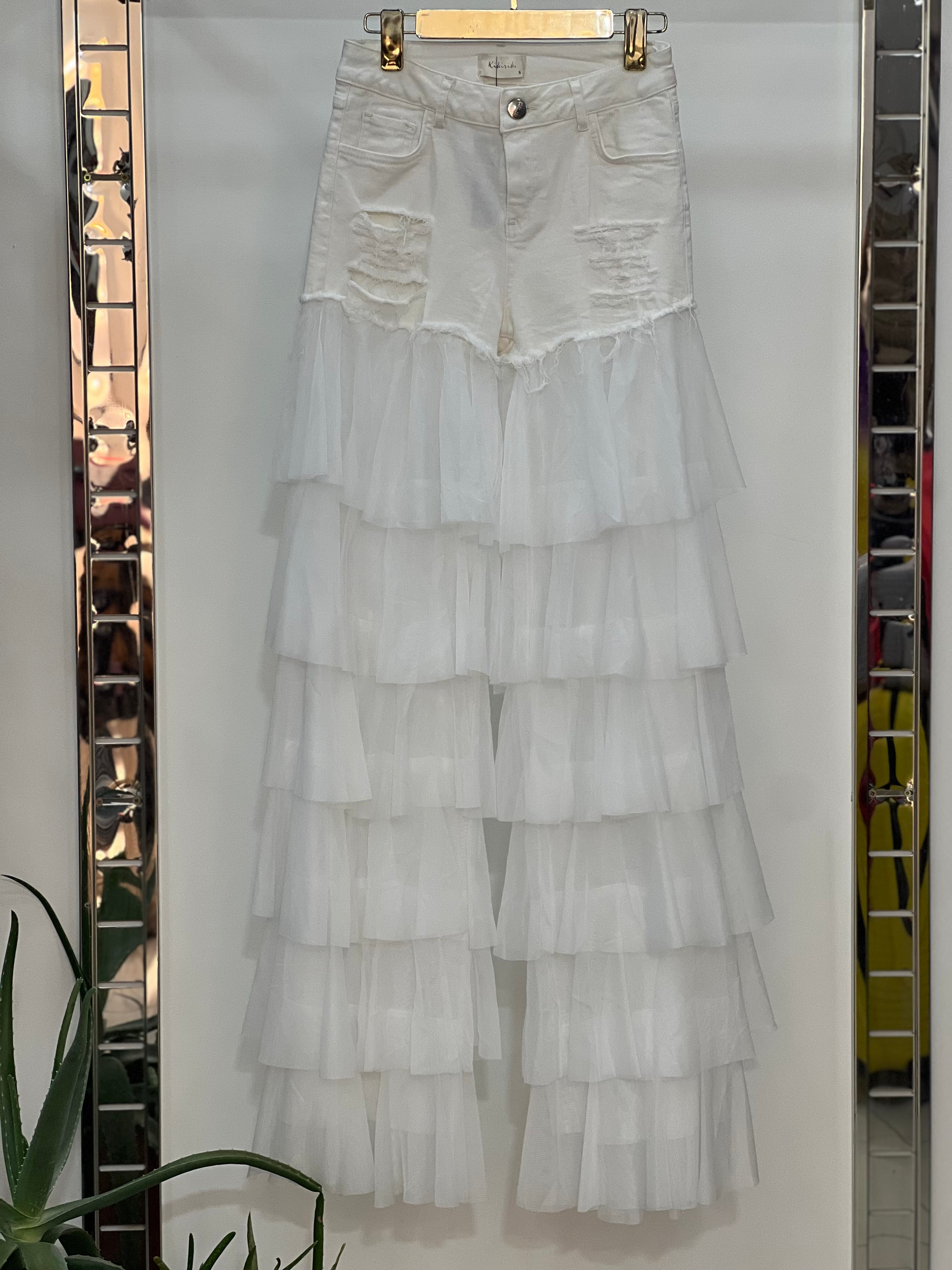 Boho-Chic Fusion White Denim and Tulle Layered Pants