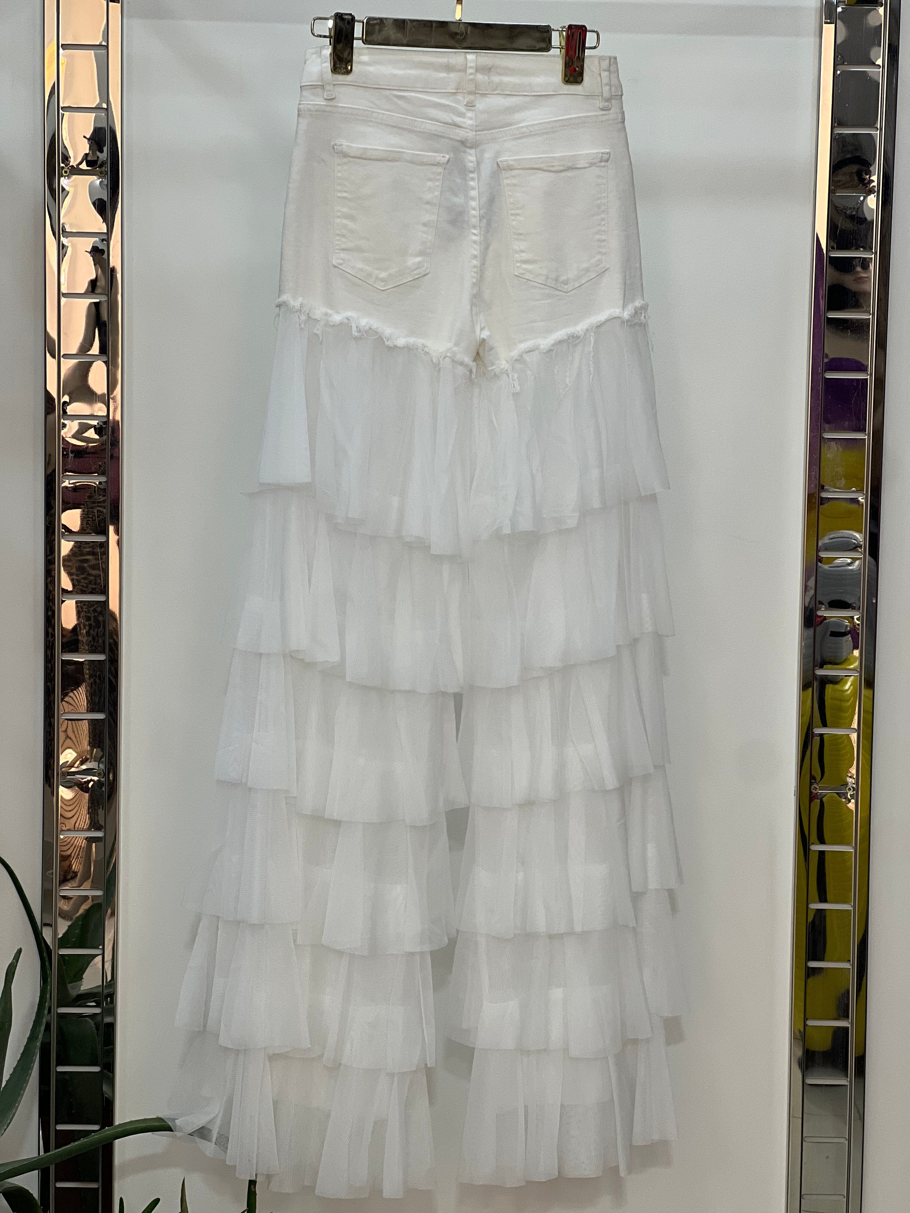 Boho-Chic Fusion White Denim and Tulle Layered Pants