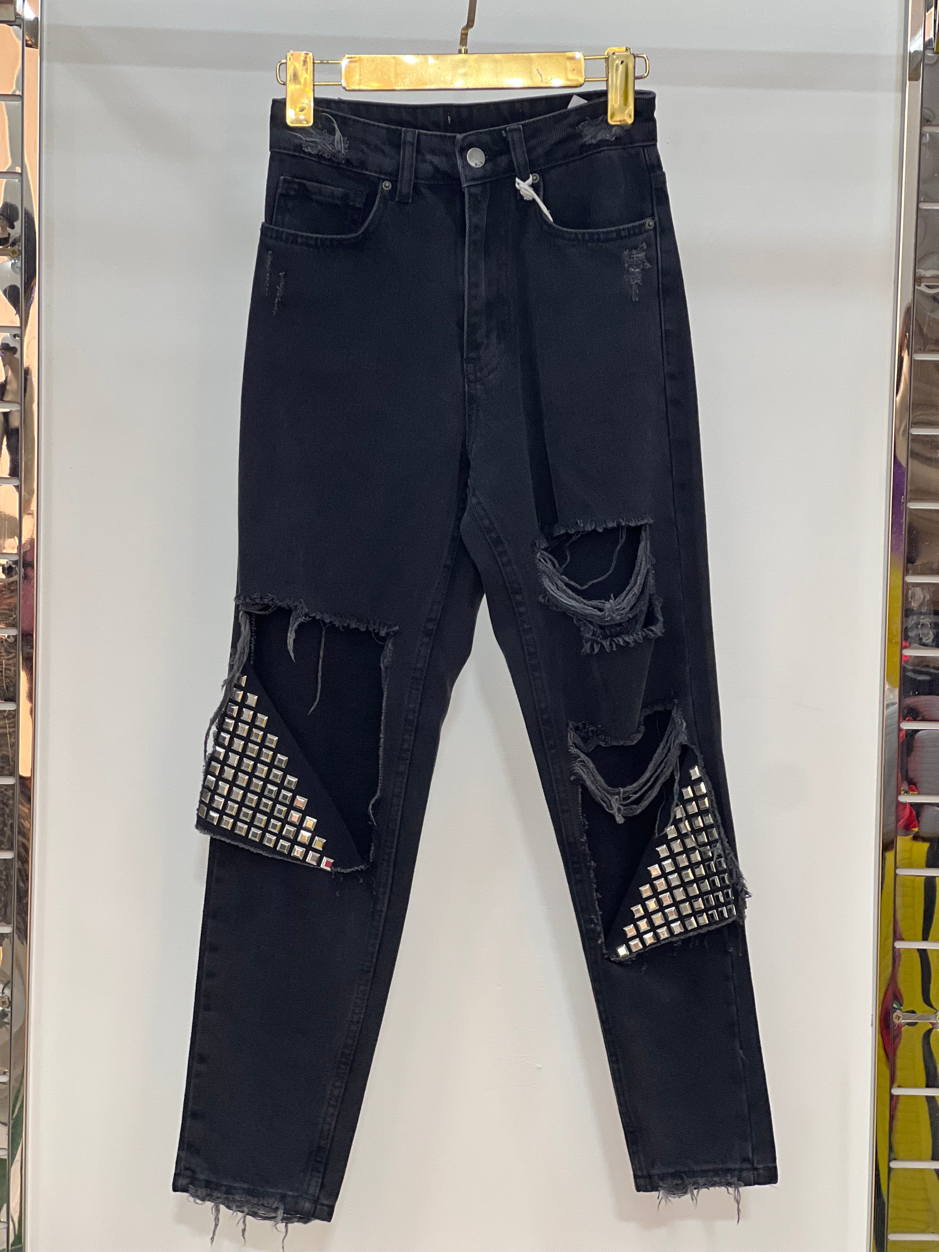 Black Stone Studded Knee-Cut Denim