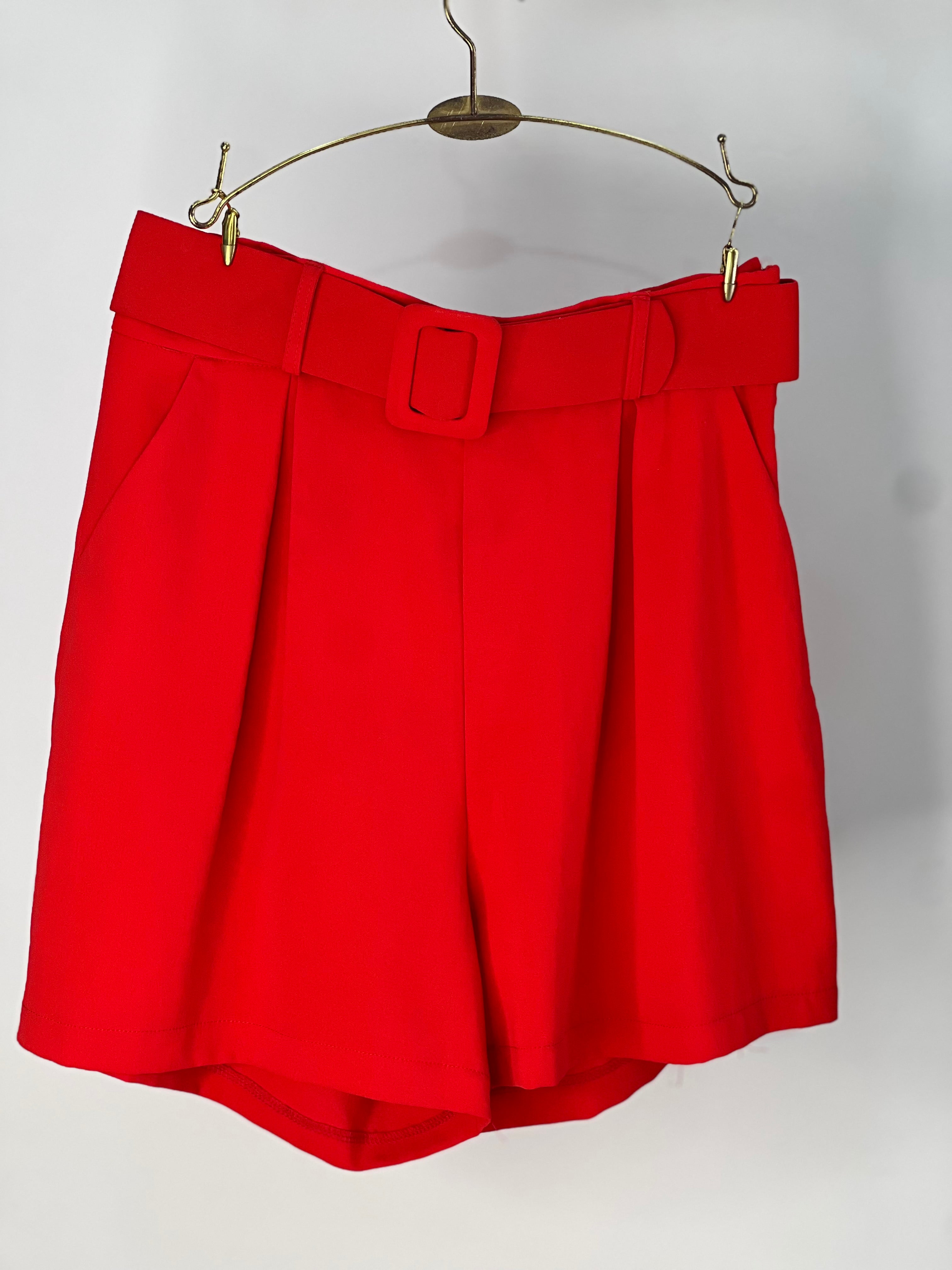 Belted in Bold – Red Silky Cotton Shorts