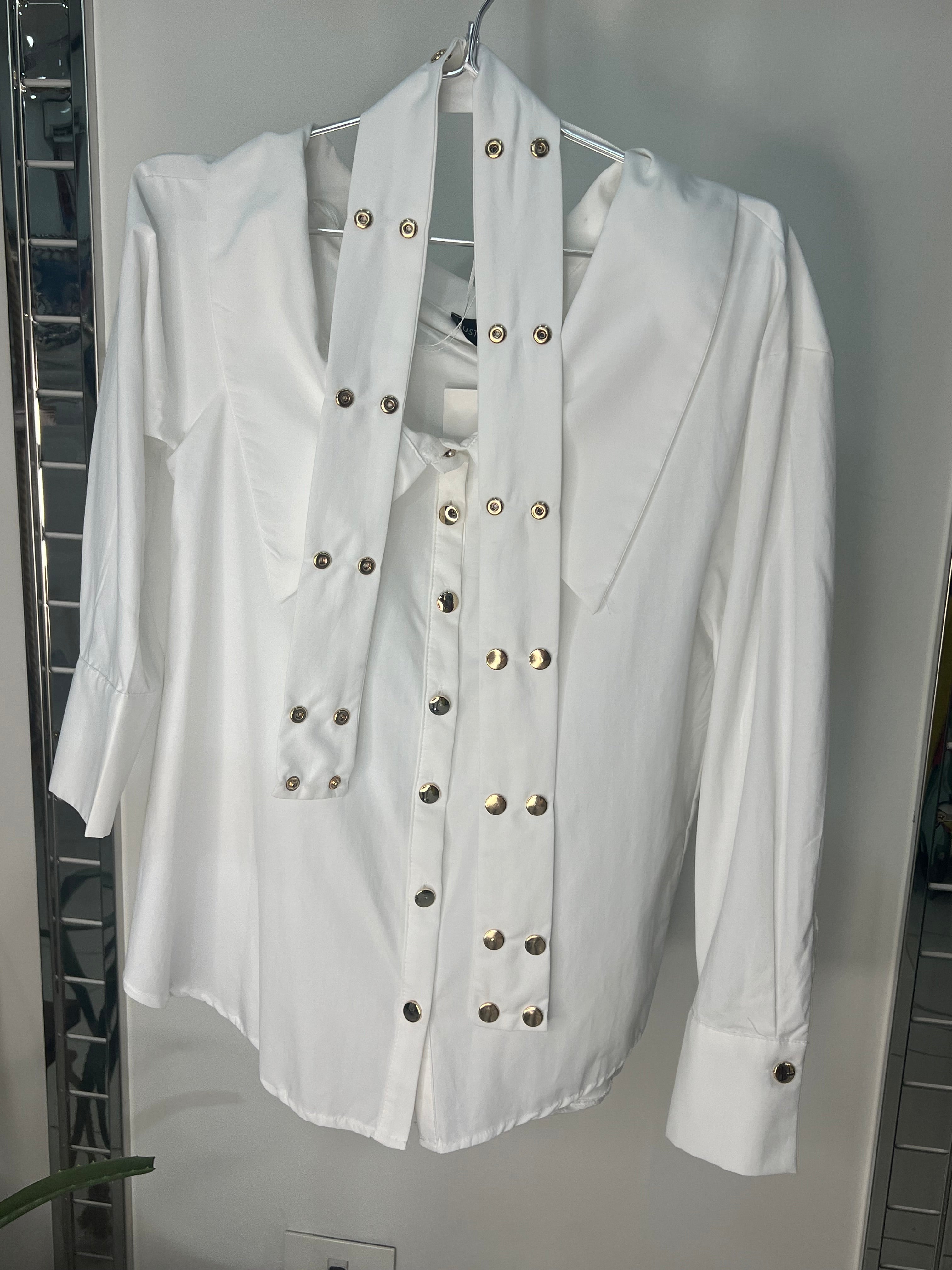 Off shoulder white shirt with belt