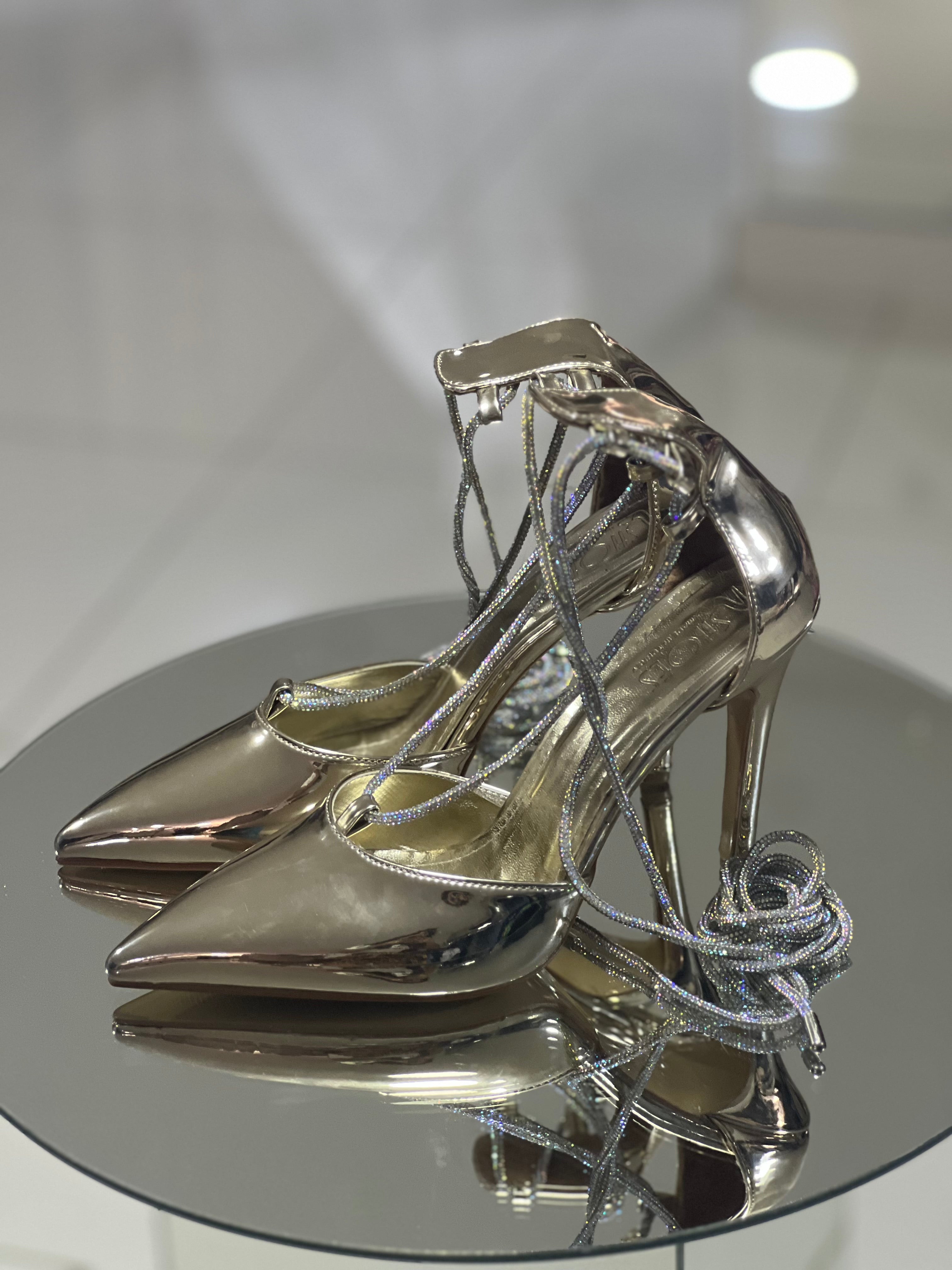 Mirror gold with silver stones long strap