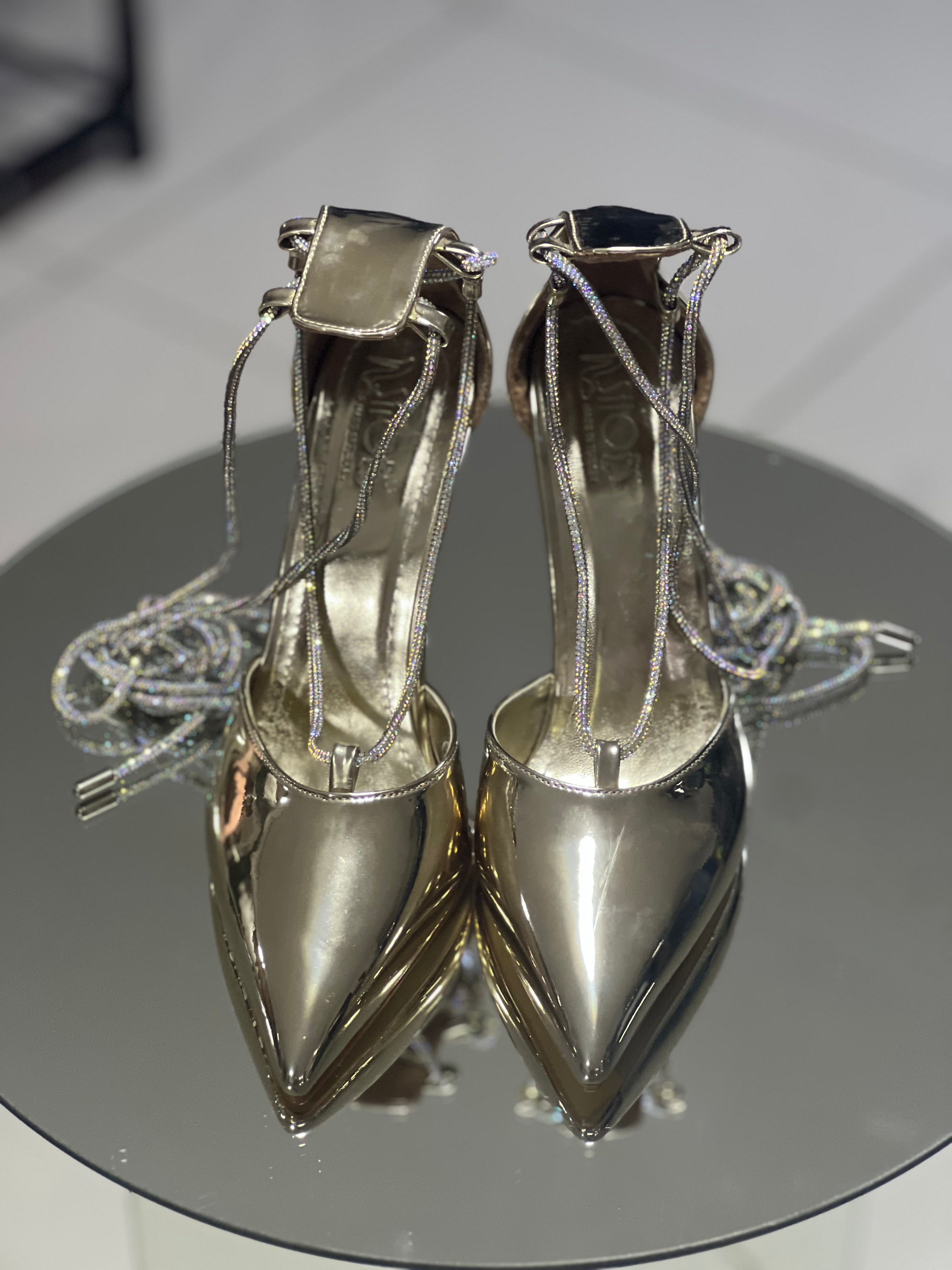 Mirror gold with silver stones long strap