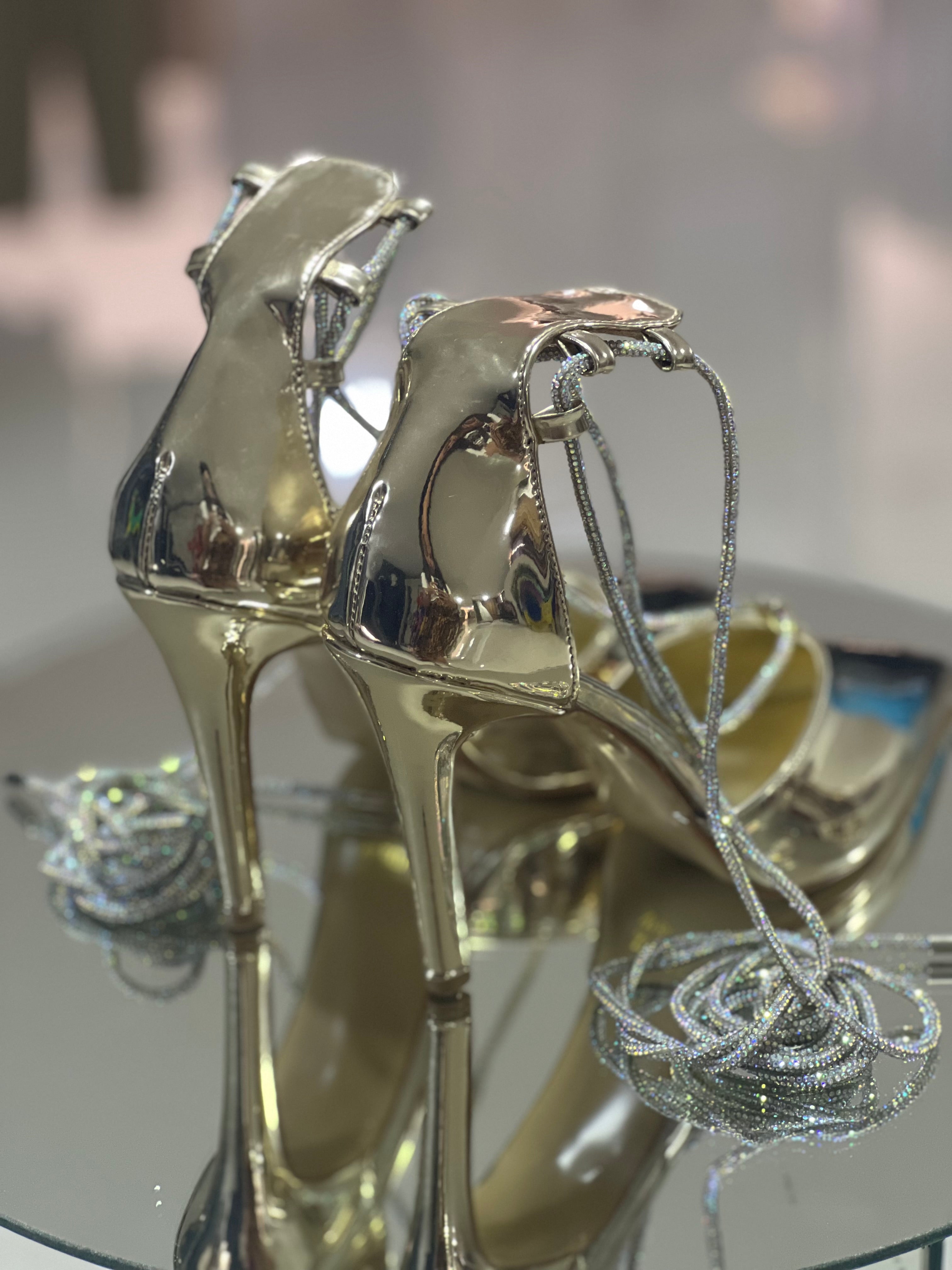 Mirror gold with silver stones long strap