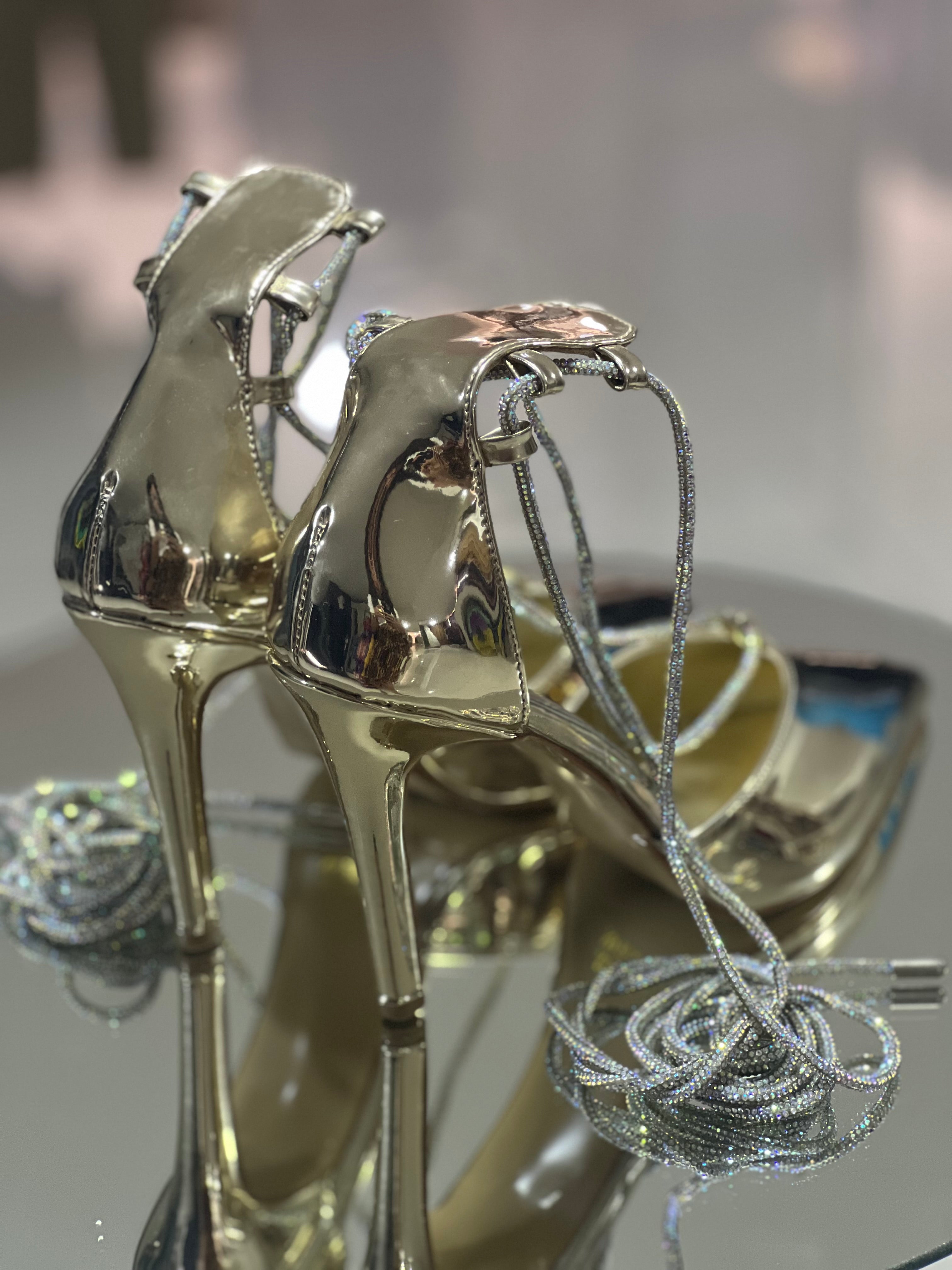 Mirror gold with silver stones long strap