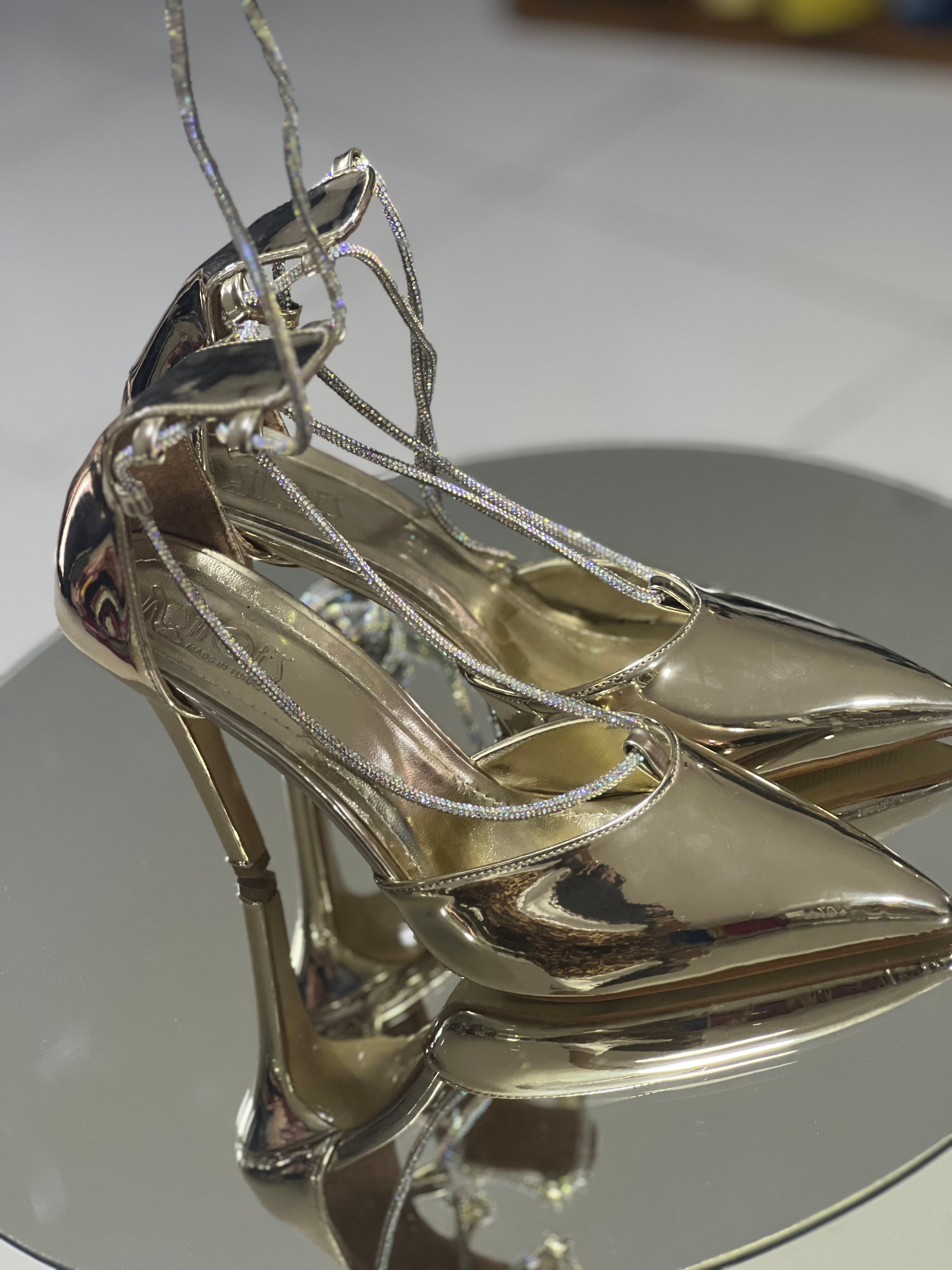 Mirror gold with silver stones long strap