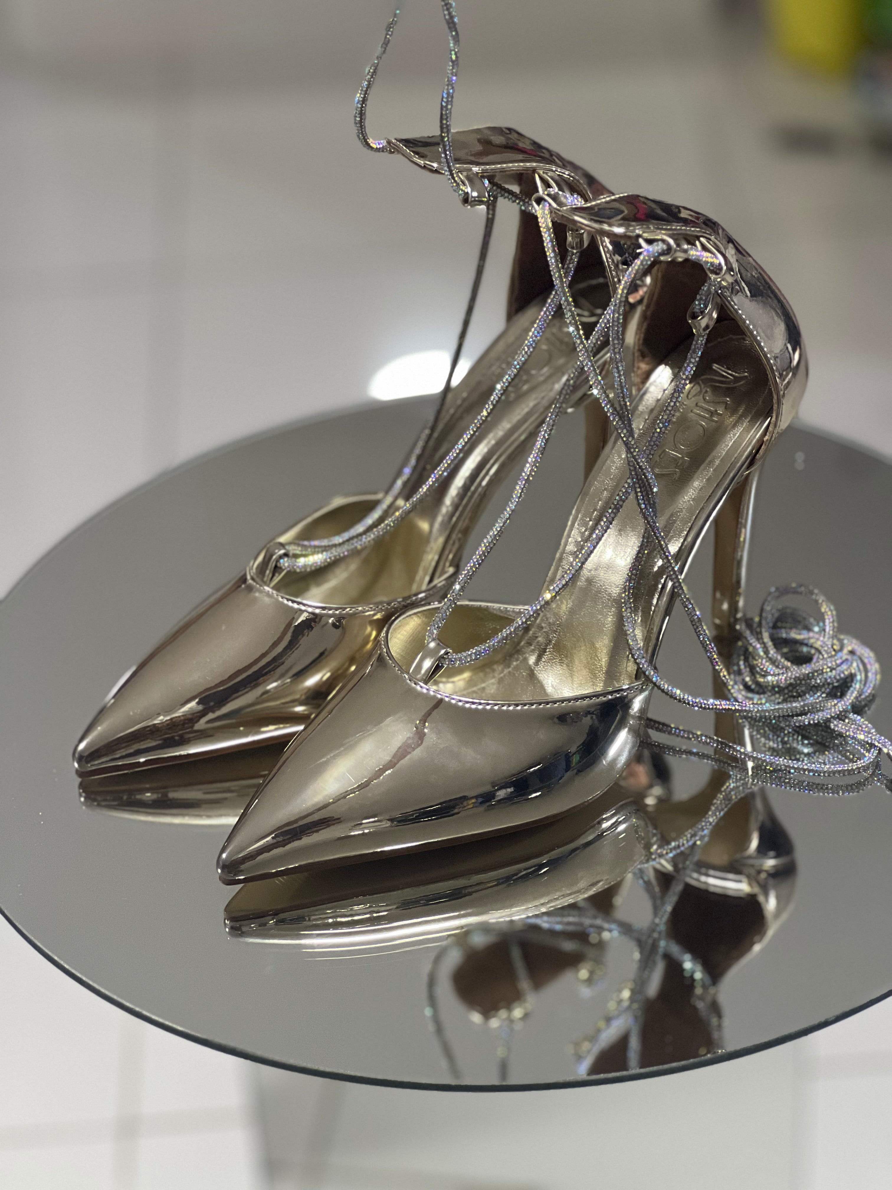 Mirror gold with silver stones long strap