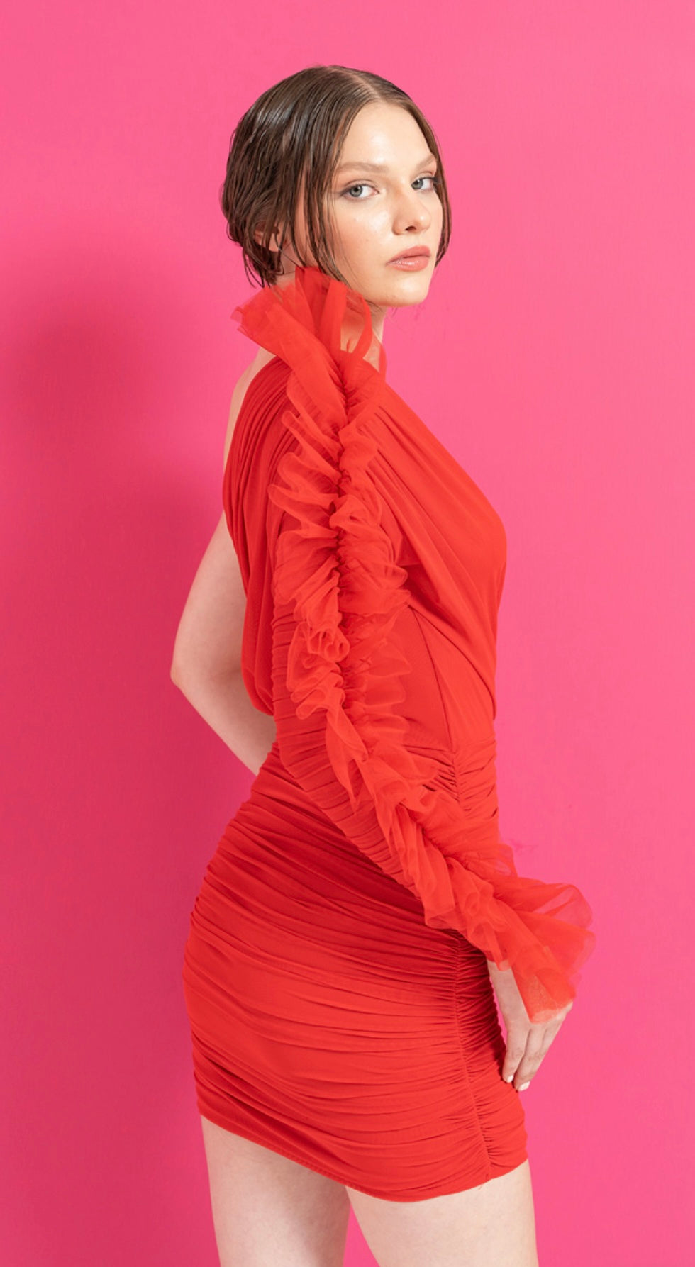 One-Shoulder Ruffle Mini Dress