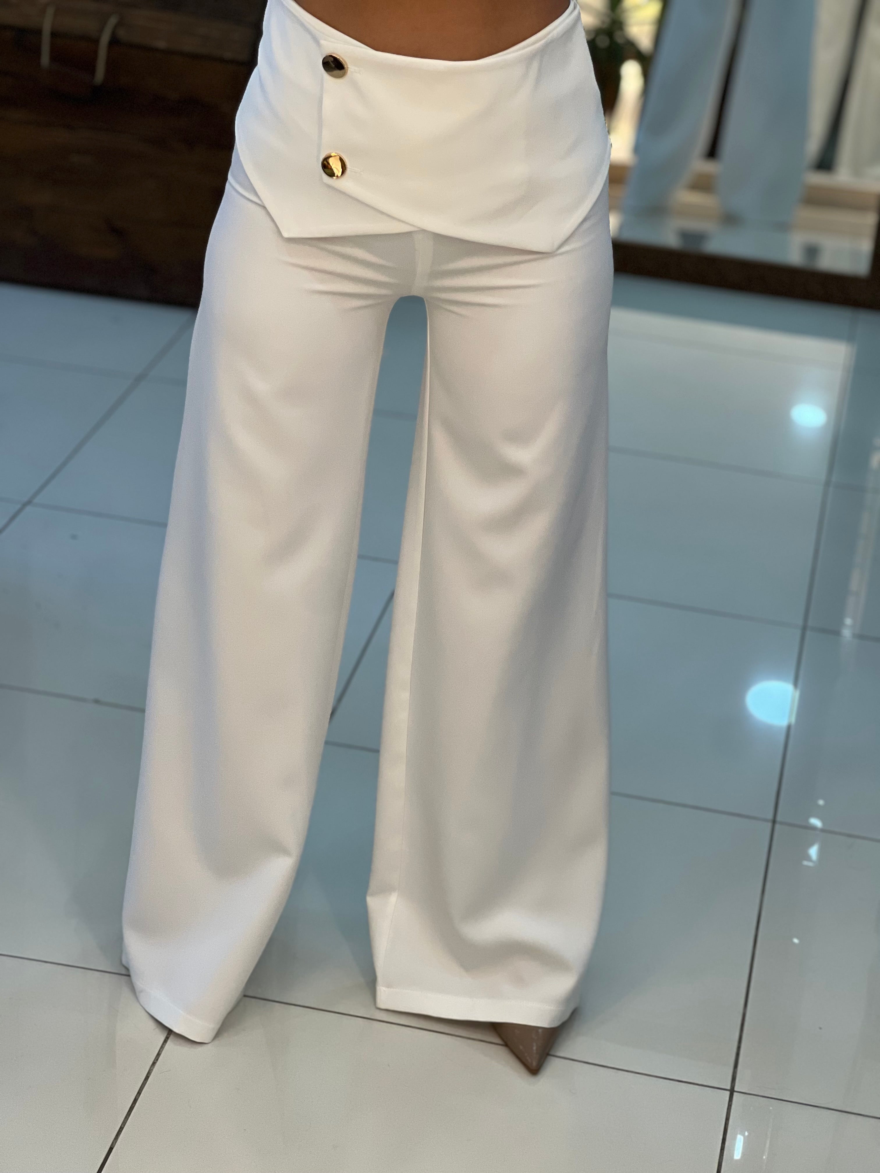 Chic White Two-Piece Set with Asymmetrical Button Detailing