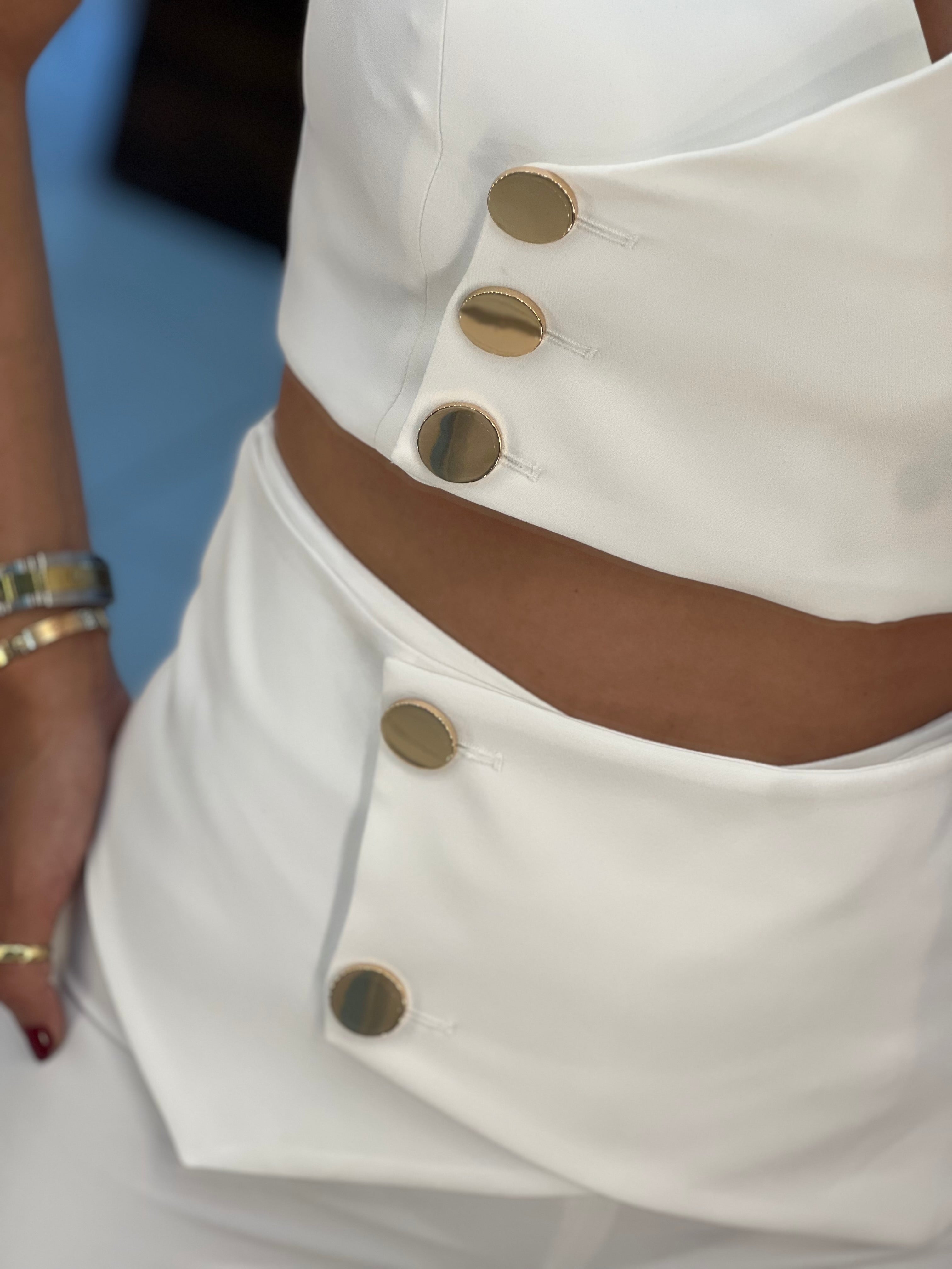 Chic White Two-Piece Set with Asymmetrical Button Detailing