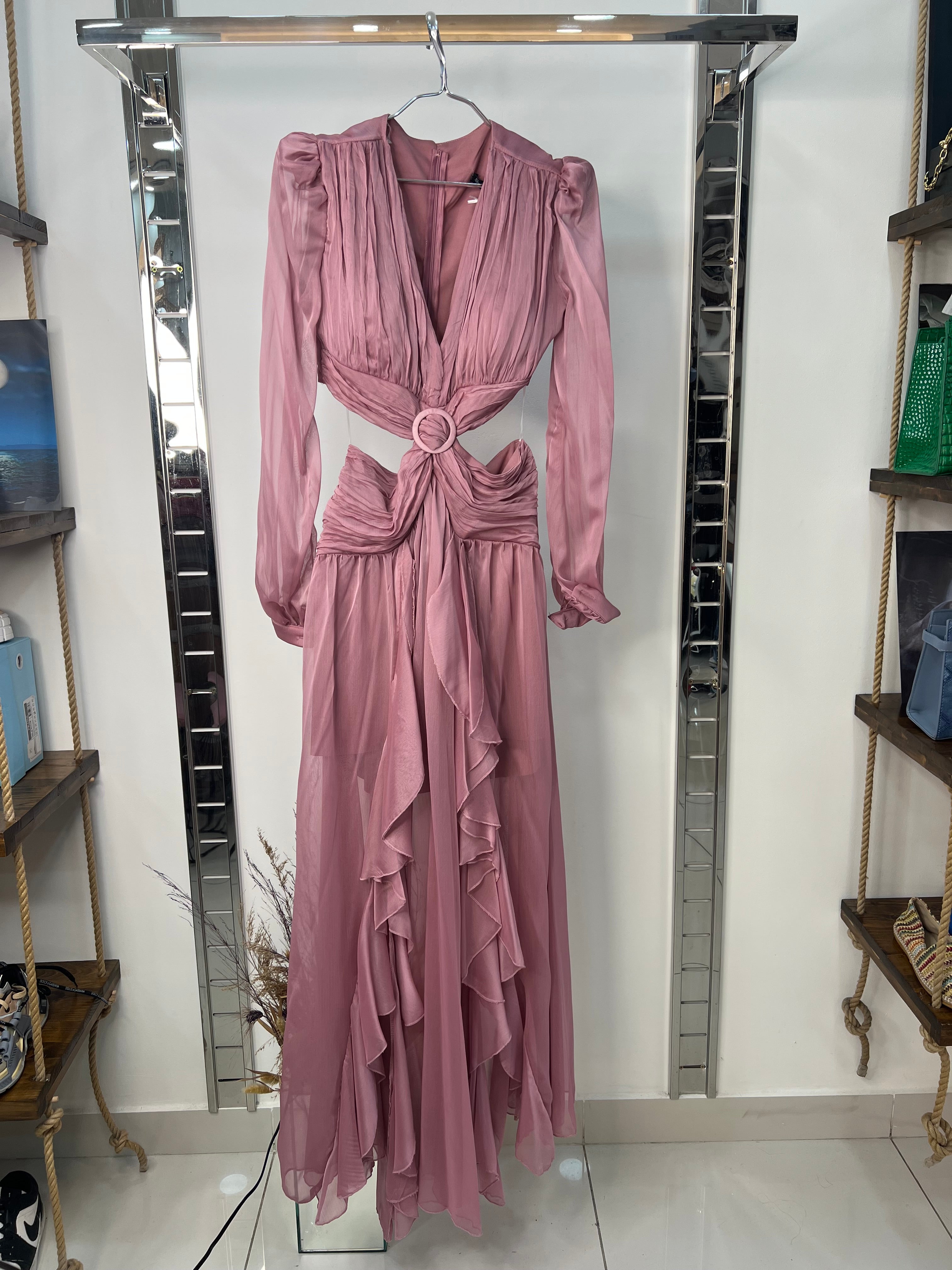 Elegant Evening Gown with Pleated Bodice and Ruffle Details